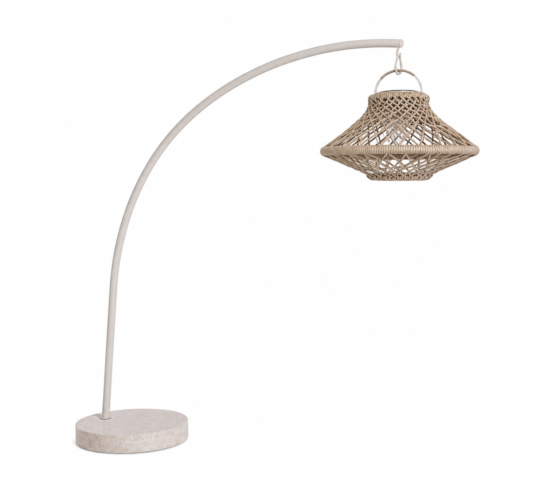 Arie Solar-Hängelampe mit Aluminiumgestell in Ivory, Lampenschirm aus schlammgrauen Textilschnüren und massivem Granitsockel für Garten und Terrasse