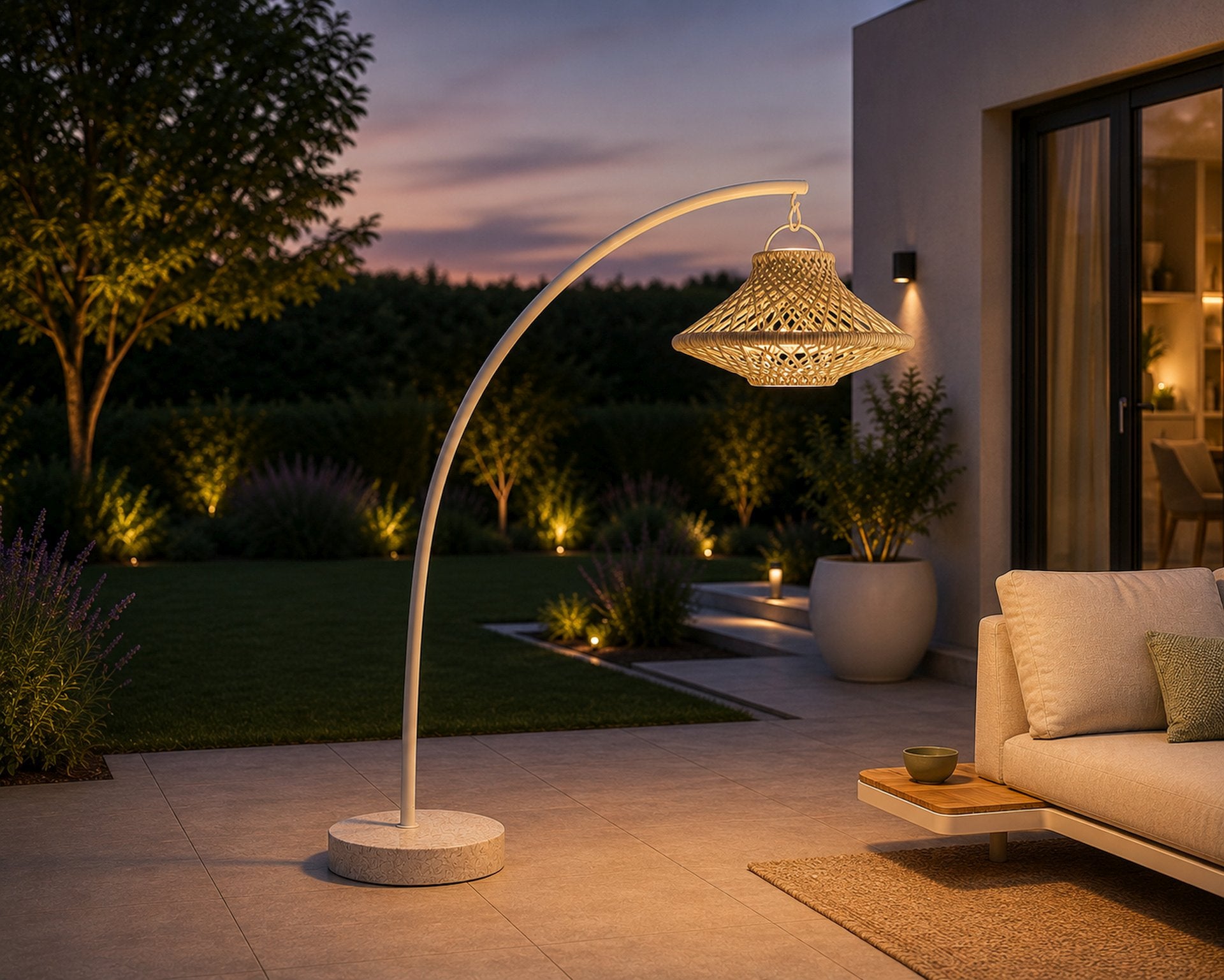 Arie Solar-Hängelampe mit Aluminiumgestell in Ivory, Lampenschirm aus schlammgrauen Textilschnüren und massivem Granitsockel für Garten und Terrasse