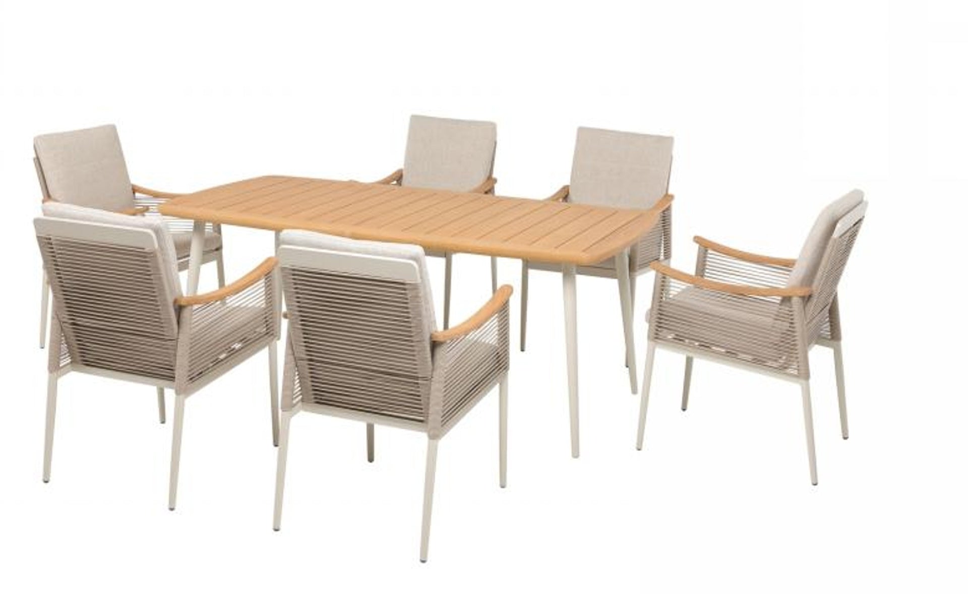 Barney Tischgruppe mit 6 Armstühlen, Aluminiumgestell ivory, Rope-Bespannung und Teakholz-Tischplatte