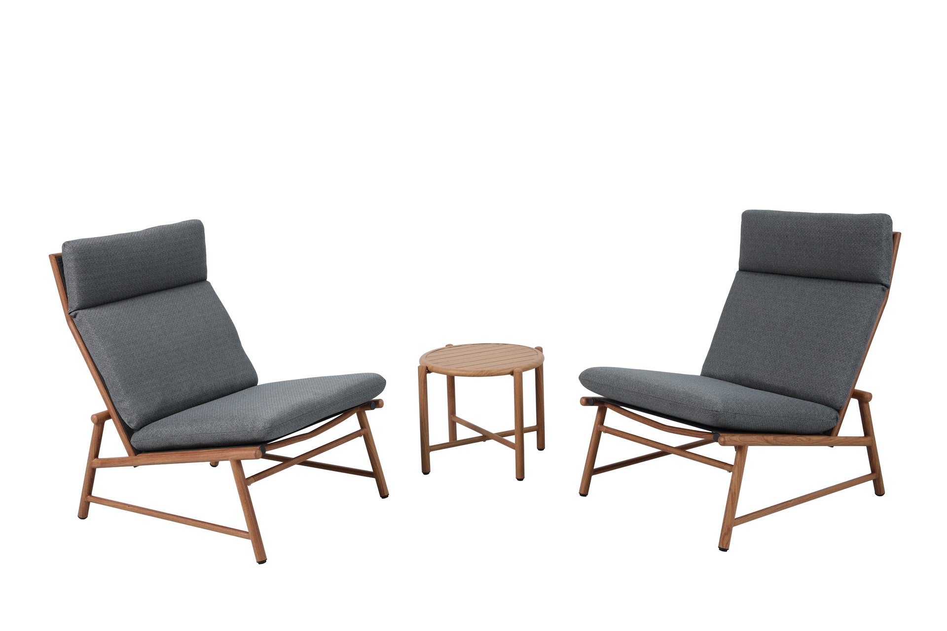 Fauteuil-Set Billie mit Aluminiumgestell in Holzoptik, Textilenbespannung und dunkelgrauen Outdoor-Kissen