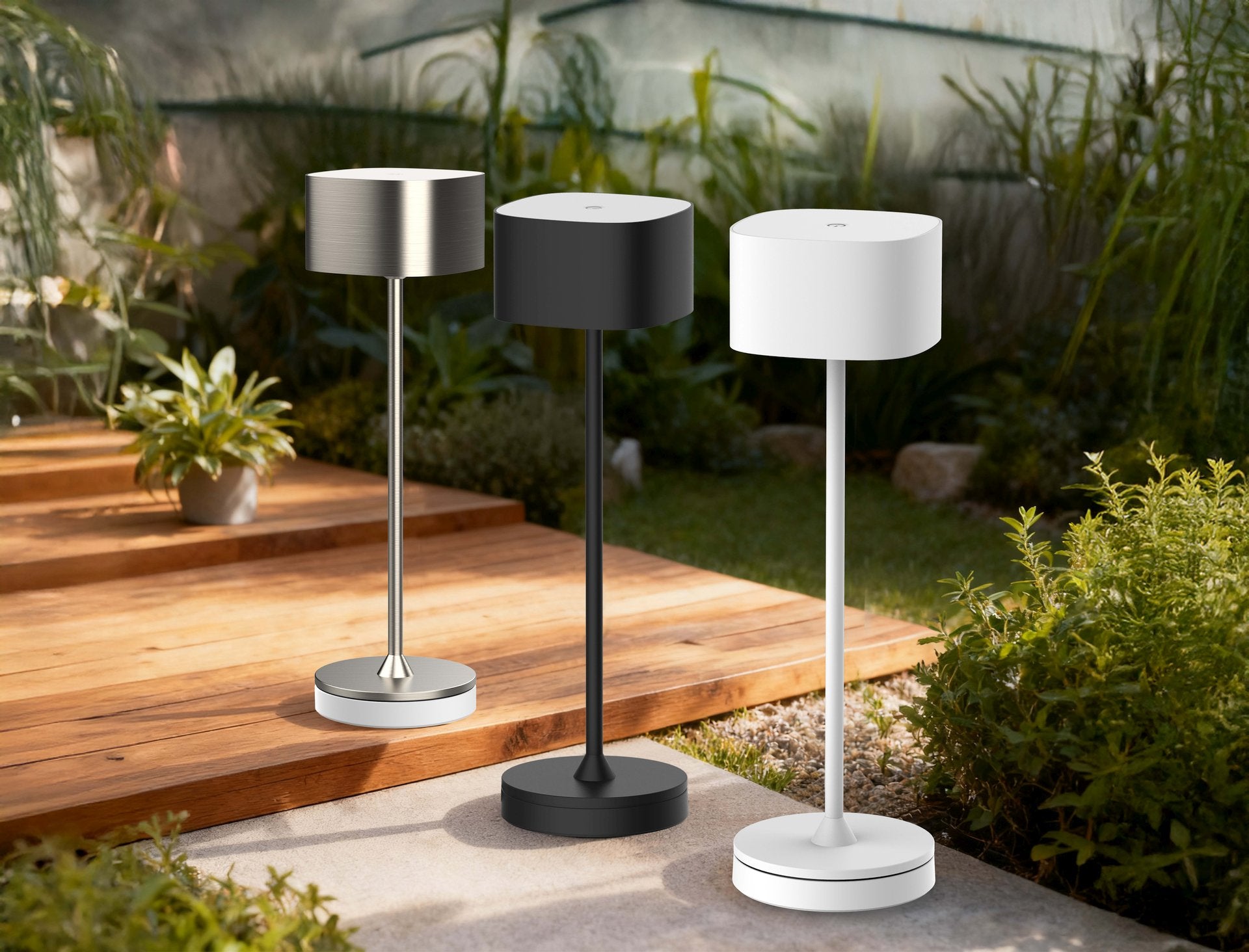 LED Tischlampe Bright für Outdoor und Indoor mit Akku, Touch-Dimmung und Ladeplatte in Schwarz, Silber oder Weiß