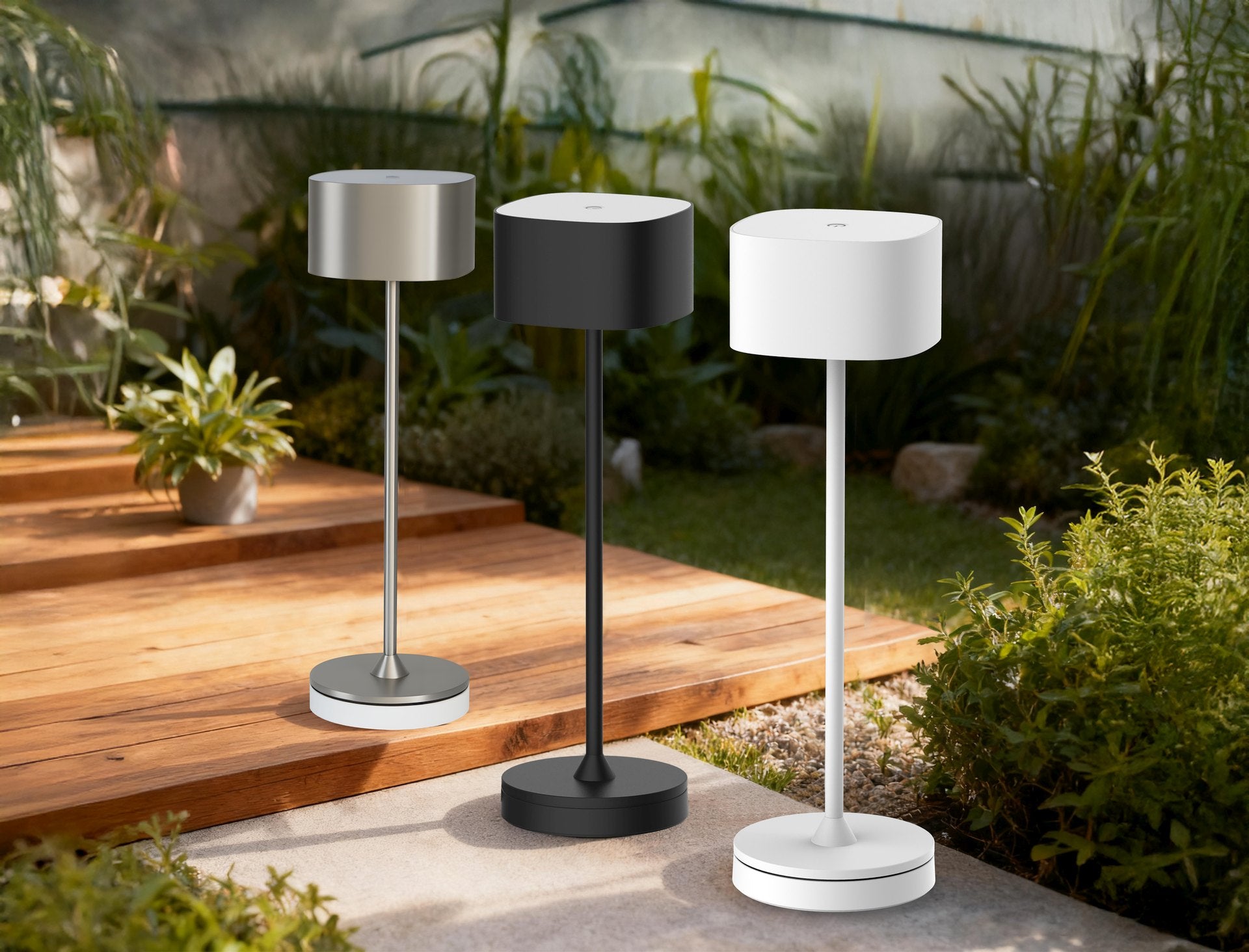 LED Tischlampe Bright für Outdoor und Indoor mit Akku, Touch-Dimmung und Ladeplatte in Schwarz, Silber oder Weiß