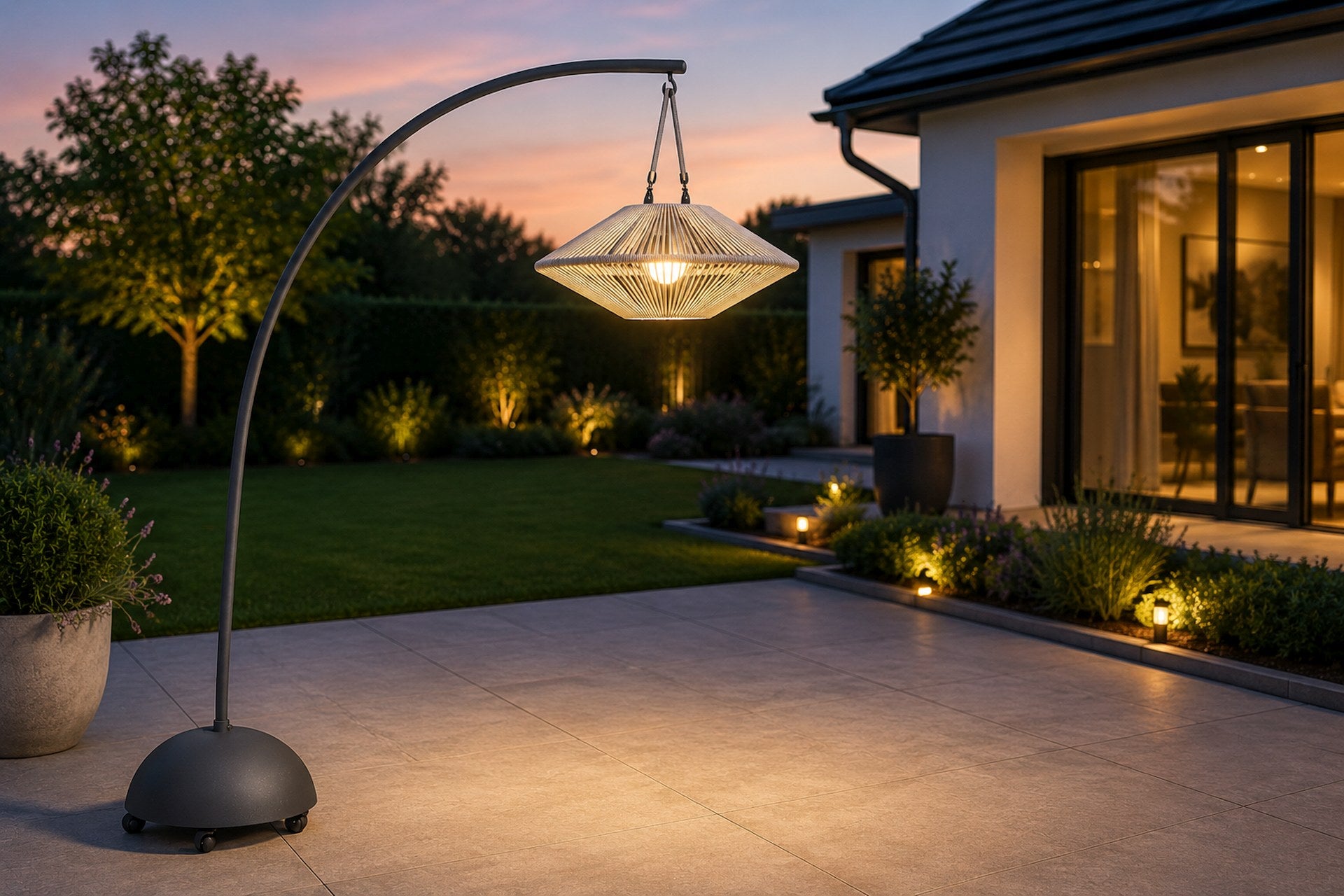 Daisy Solar-Hängelampe mit Aluminiumgestell und Lampenschirm aus dunkelgrauen Textilschnüren für Garten und Terrasse