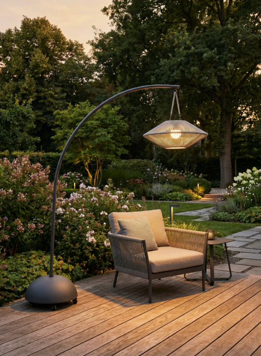 Daisy Solar-Hängelampe mit Aluminiumgestell und Lampenschirm aus dunkelgrauen Textilschnüren für Garten und Terrasse