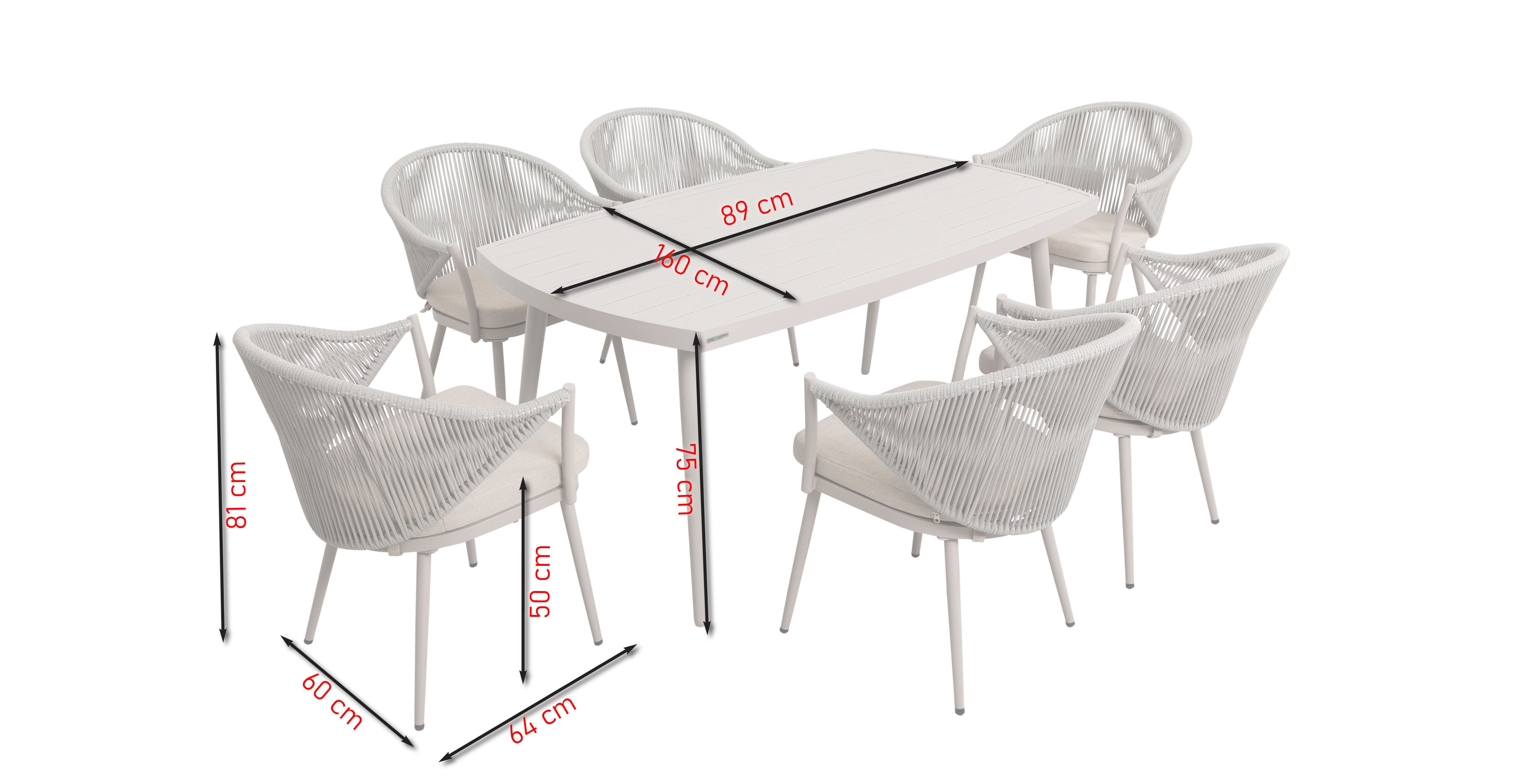Tischgruppe Denise mit Esstisch 160x90 cm und 6 Armstühlen in grau-beige mit Textilschnüren und Sitzkissen – Outdoor Gartenmöbelshop.at