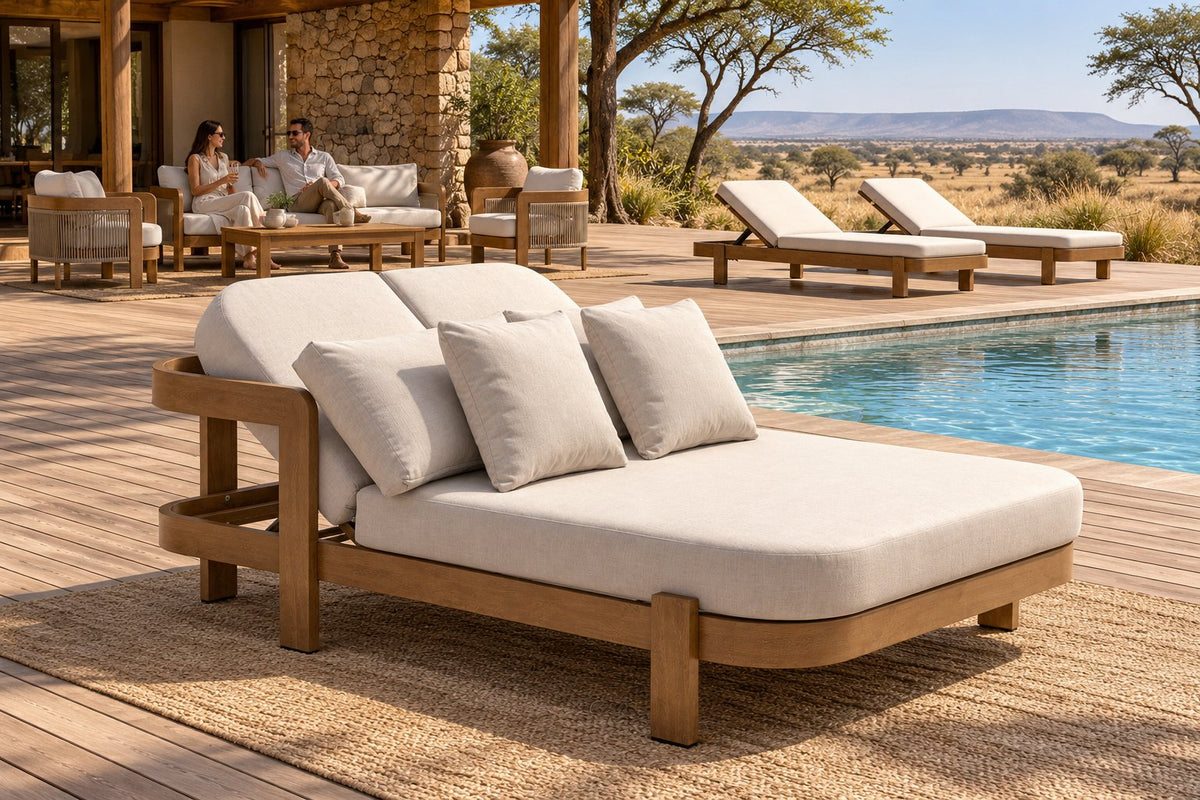 Dorian Daybed in Holzoptik auf einer Poolterrasse