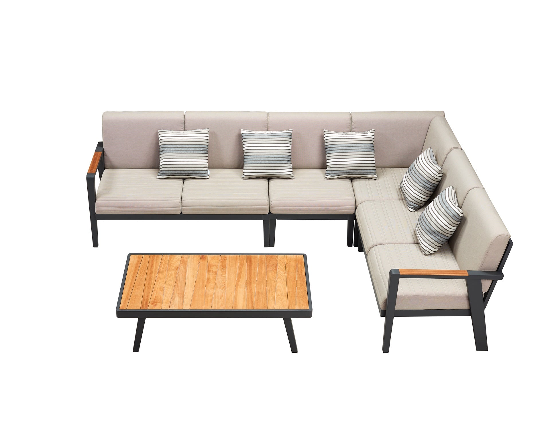 Loungegruppe Evita mit Eckbank, Sessel & Teakholz-Tisch – modernes Outdoor-Set in Anthrazit & Beige.
