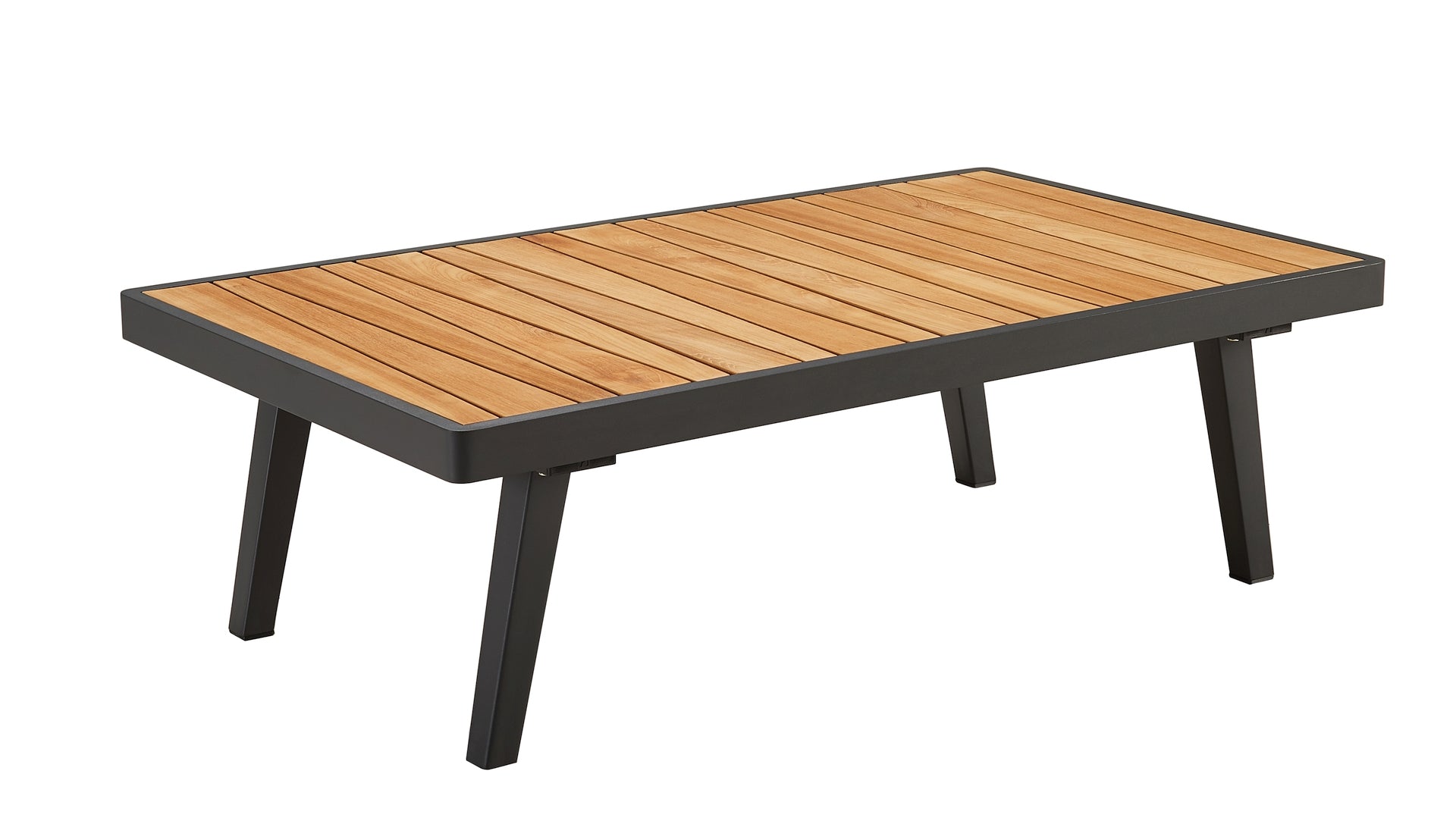 Loungegruppe Evita mit Eckbank, Sessel & Teakholz-Tisch – modernes Outdoor-Set in Anthrazit & Beige.