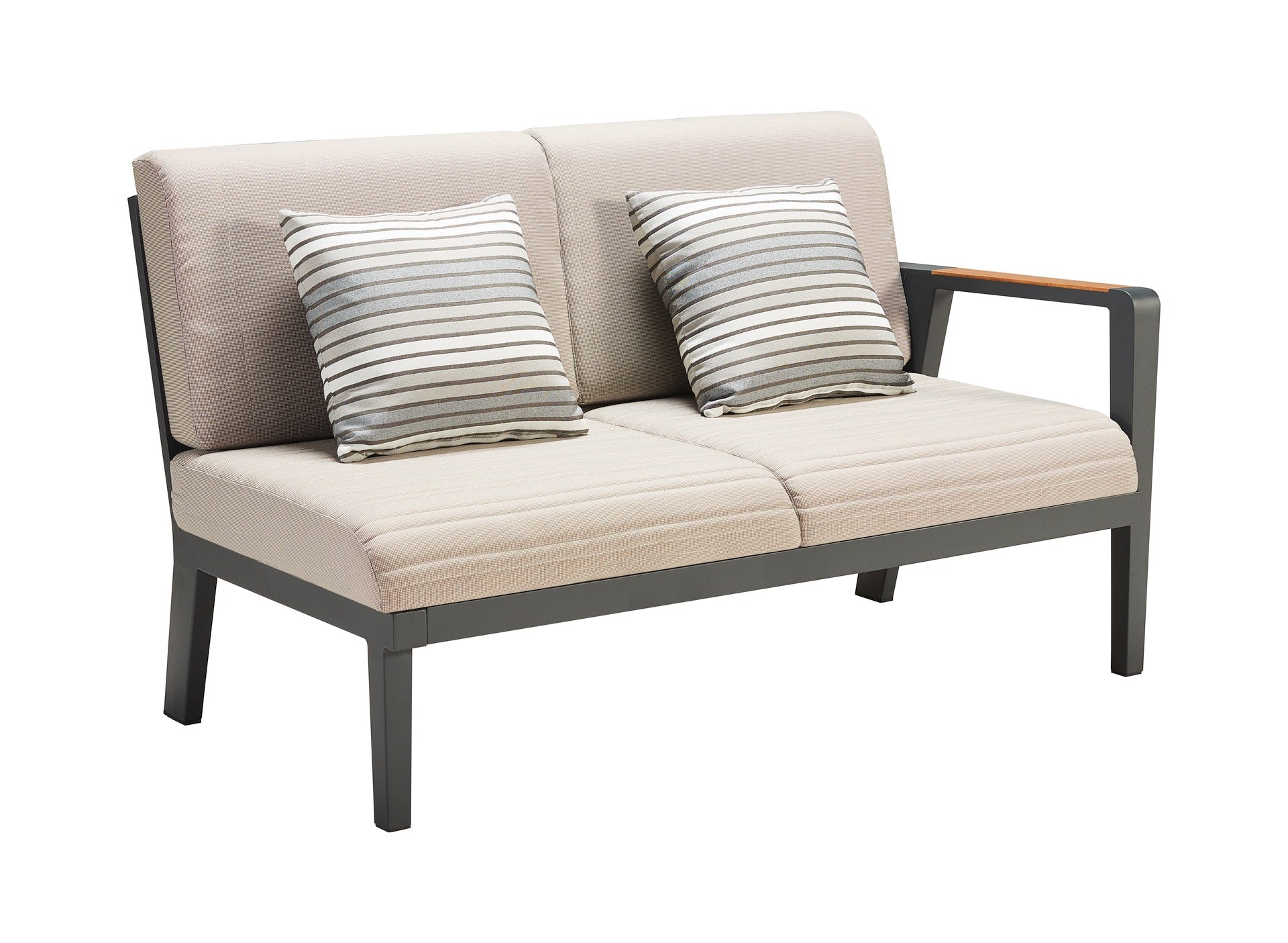 Loungegruppe Evita mit Eckbank, Sessel & Teakholz-Tisch – modernes Outdoor-Set in Anthrazit & Beige.