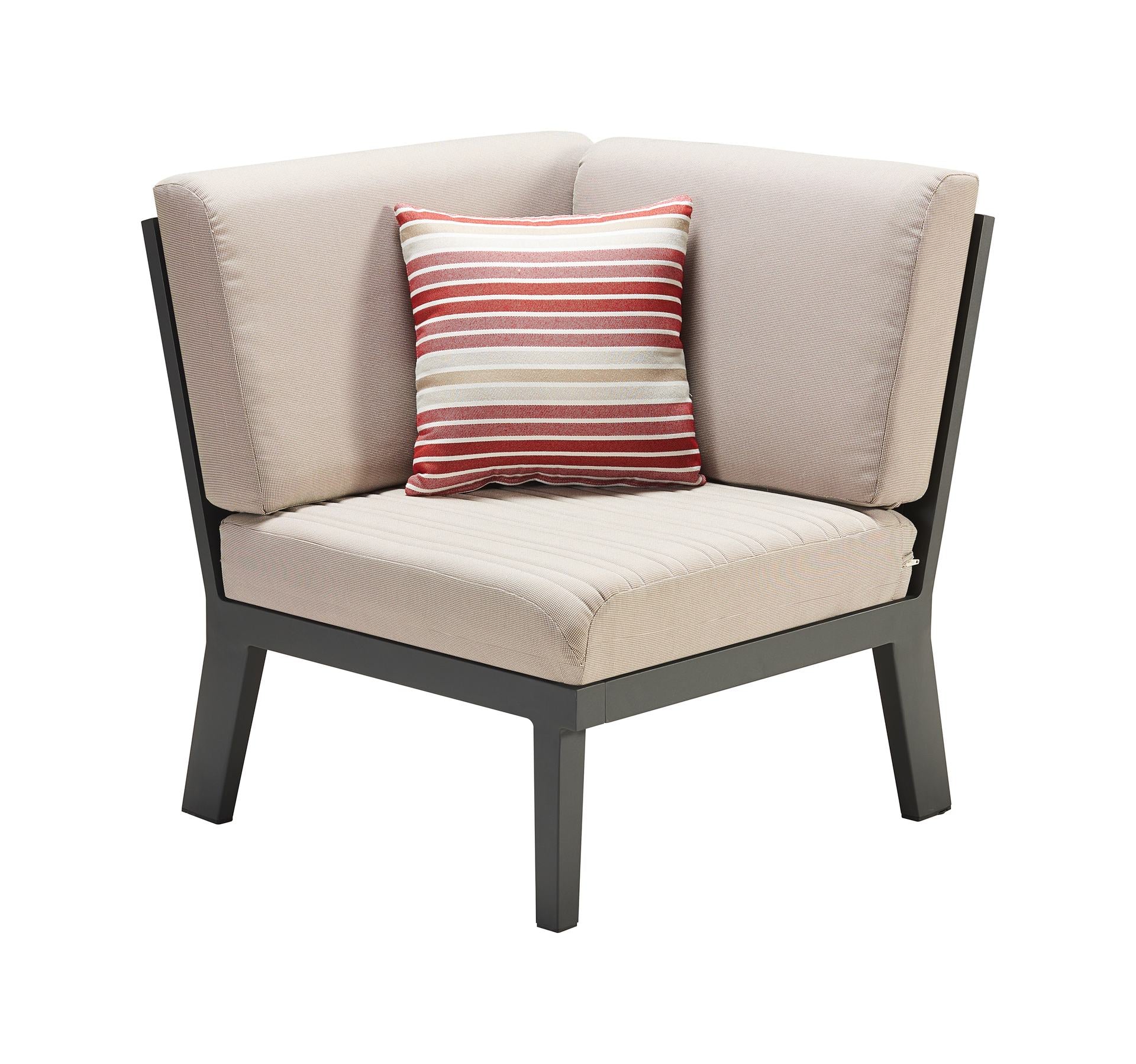 Loungegruppe Evita mit Eckbank, Sessel & Teakholz-Tisch – modernes Outdoor-Set in Anthrazit & Beige.