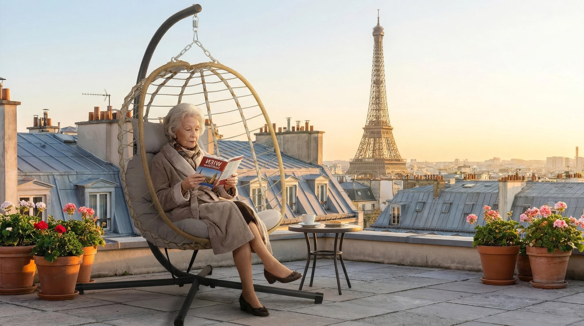 Hängekorb Hector mit Aluminium- und Kunststoffgeflecht, klappbarem Design und beigem Polster.