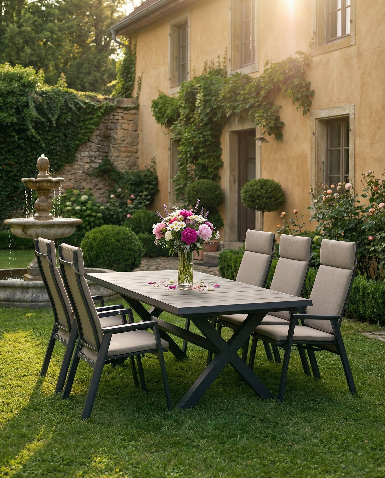 Hedda Gartengruppe mit Tisch und 6 Hochlehnern, Tisch mit Keramiklatten in Steingrau und X-förmigem Aluminiumgestell.