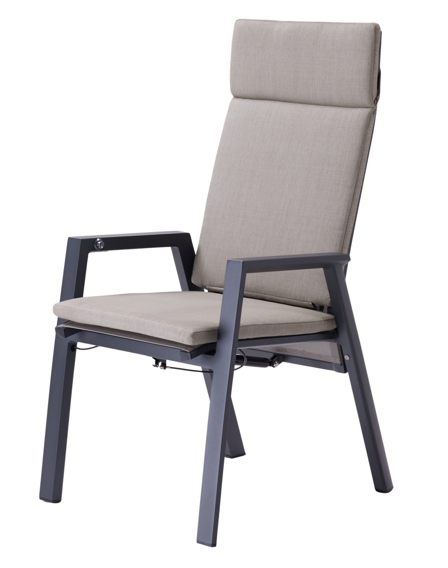 Hedda Gartengruppe mit Tisch und 6 Hochlehnern, Tisch mit Keramiklatten in Steingrau und X-förmigem Aluminiumgestell.