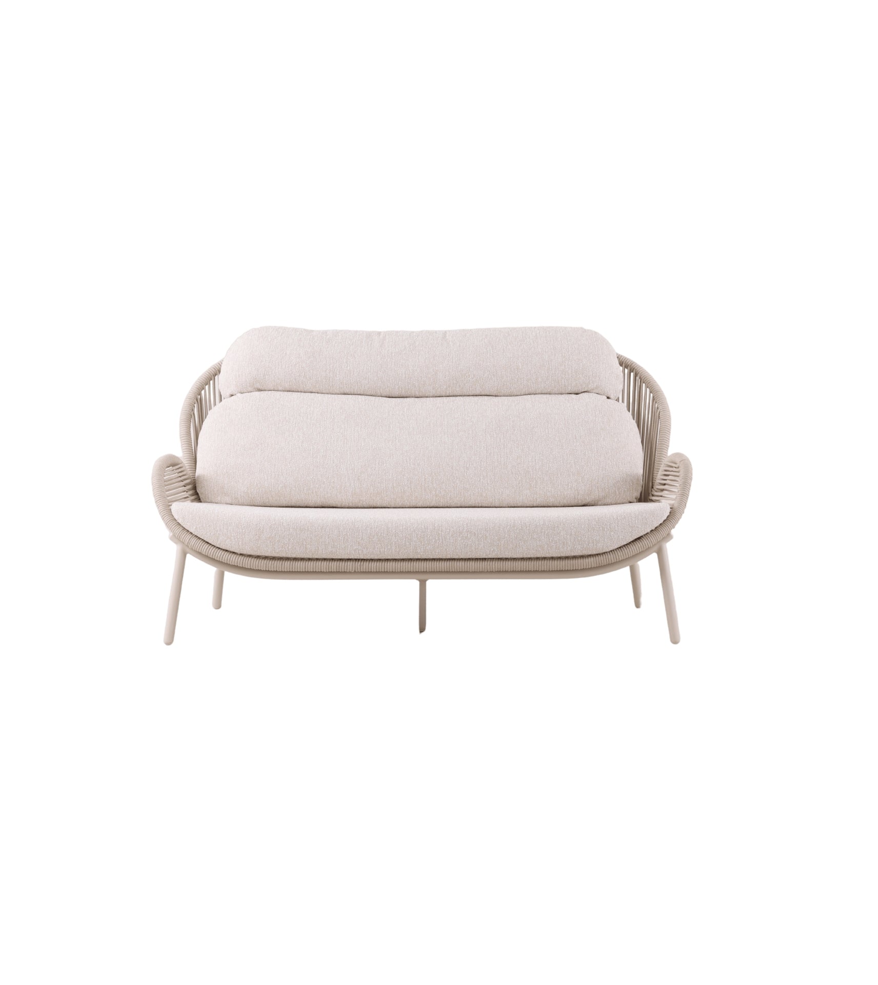 Loungegruppe Honey mit 2-Sitzer-Bank, zwei Fauteuils, Outdoor-Kissen und Sinterstone-Couchtisch in Grau oder Ivory
