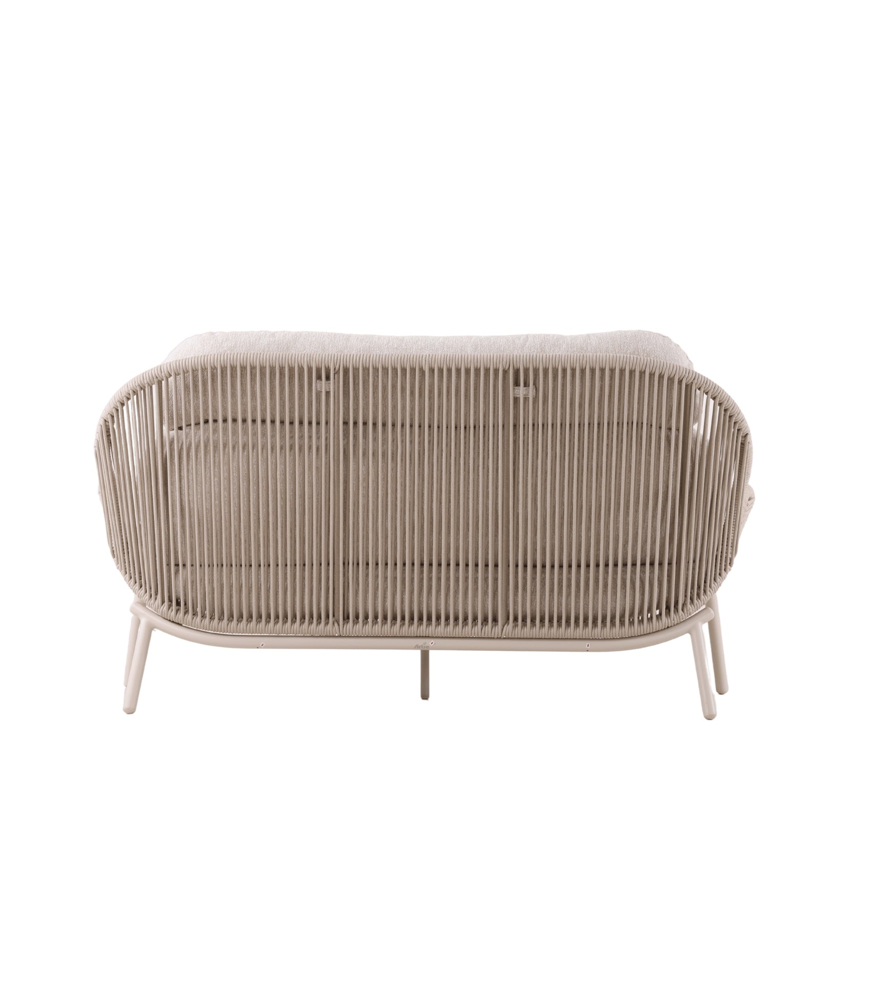 Loungegruppe Honey mit 2-Sitzer-Bank, zwei Fauteuils, Outdoor-Kissen und Sinterstone-Couchtisch in Grau oder Ivory