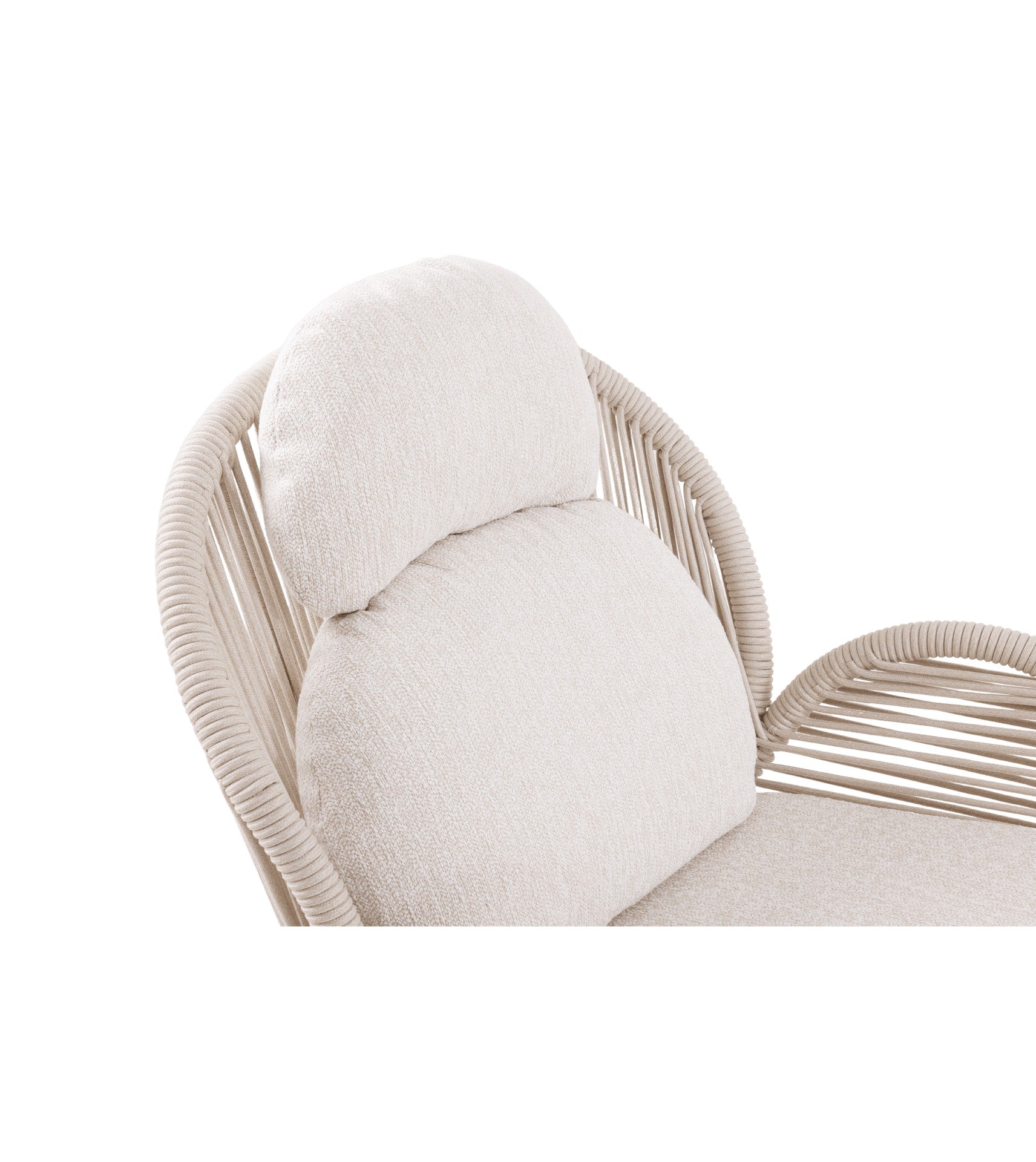 Loungegruppe Honey mit 2-Sitzer-Bank, zwei Fauteuils, Outdoor-Kissen und Sinterstone-Couchtisch in Grau oder Ivory