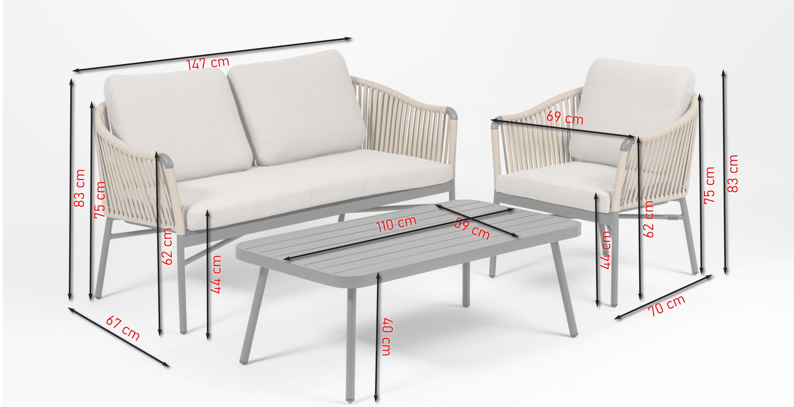 Loungegruppe Jana aus Aluminium mit Kunststoffband-Bespannung und Couchtisch in Anthrazit für Terrasse und Garten