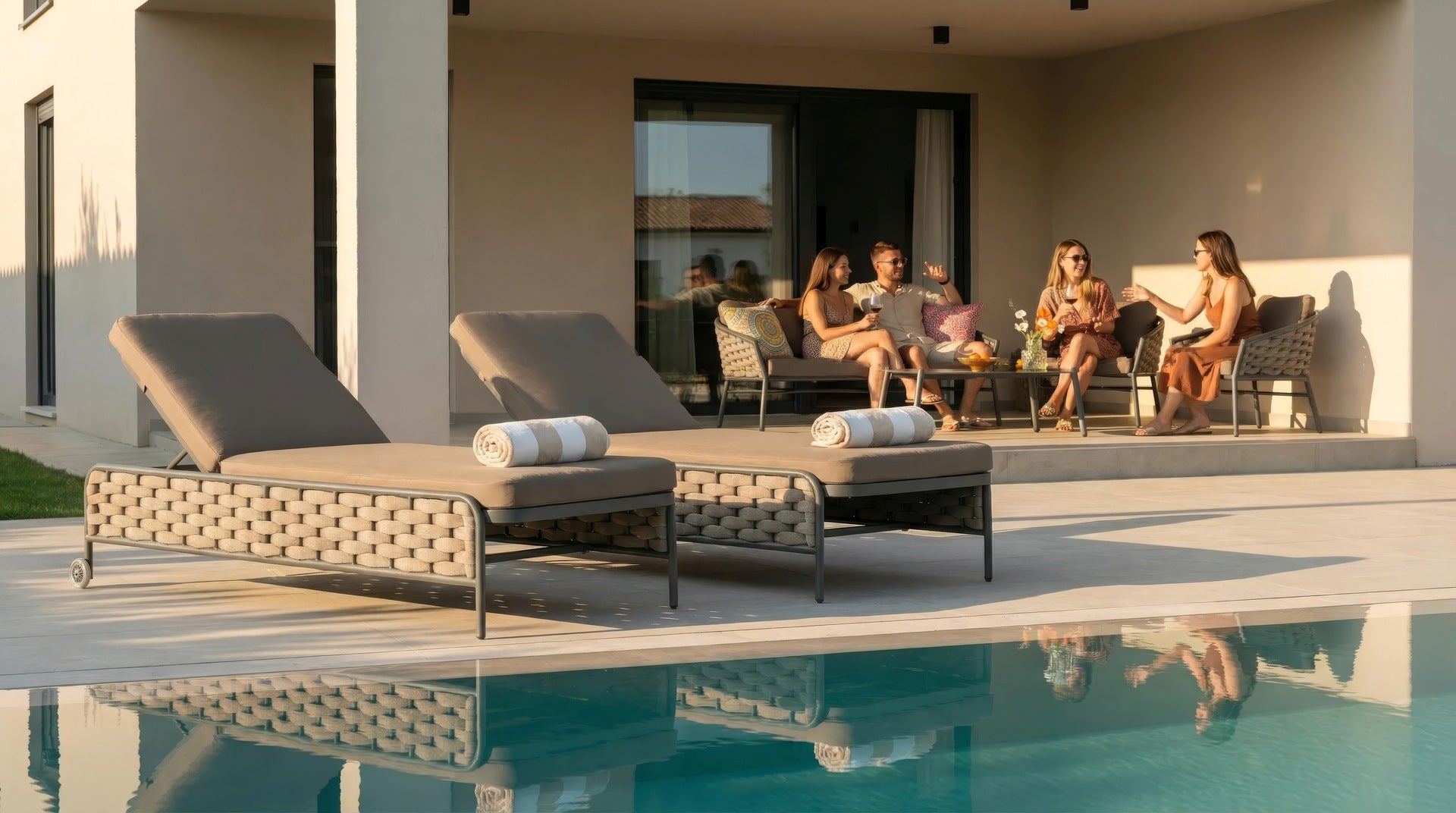 Sonnenliege Kilian mit Aluminiumgestell, wetterfesten Textilenschnüren und stufenweise verstellbarer Rückenlehne.