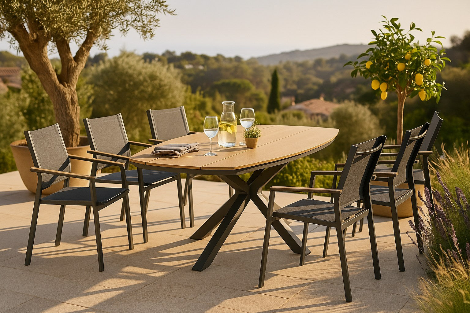 Tischgruppe Lehne mit Polywood-Gartentisch und stapelbaren Armstühlen