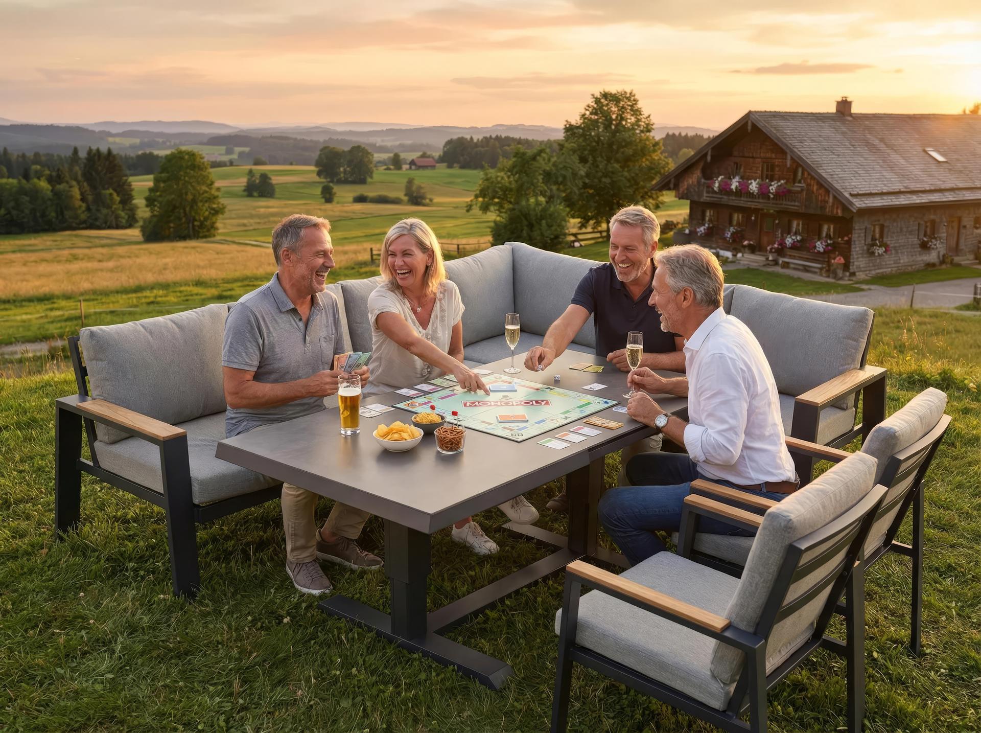 Leon Eckbankgruppe aus Aluminium mit Teakholz-Armlehnen und höhenverstellbarem Sinterstone-Tisch