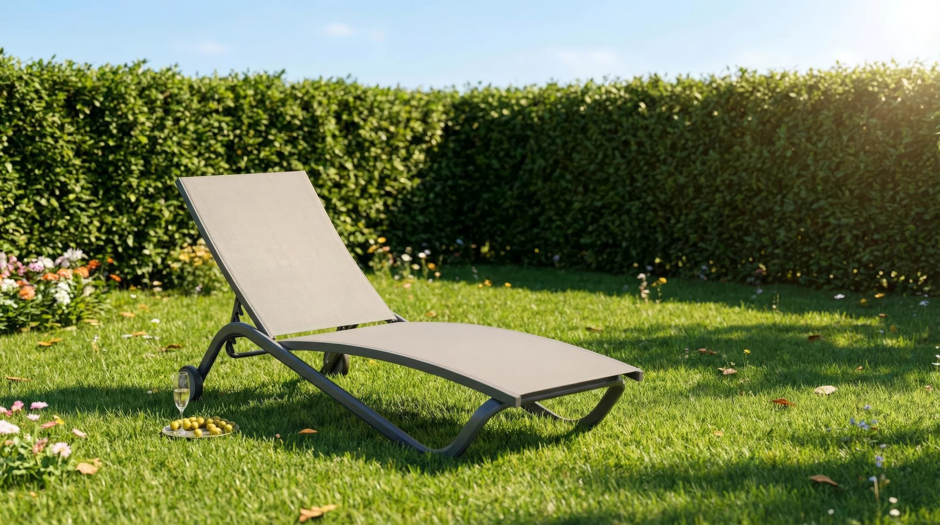 Sonnenliege Mason aus Aluminium in Dunkelgrau mit Textilen-Bespannung in Grau, verstellbarer Rückenlehne und Rädern.