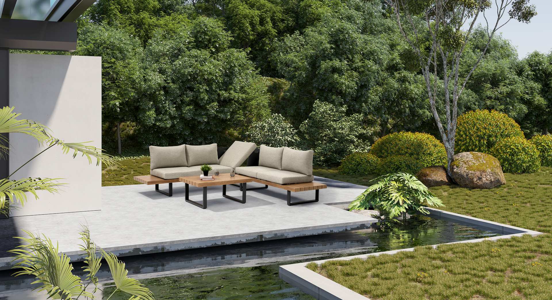 Loungegruppe Marleen mit anthrazitfarbenem Gestell & Oak-Finish – wetterfeste Gartenlounge mit klappbarer Liege & grauen Polstern