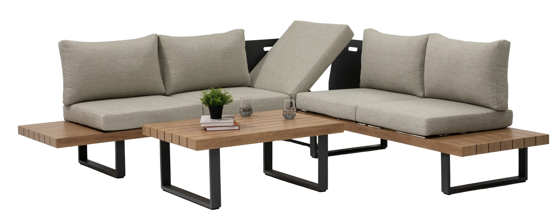 Loungegruppe Marleen mit anthrazitfarbenem Gestell & Oak-Finish – wetterfeste Gartenlounge mit klappbarer Liege & grauen Polstern