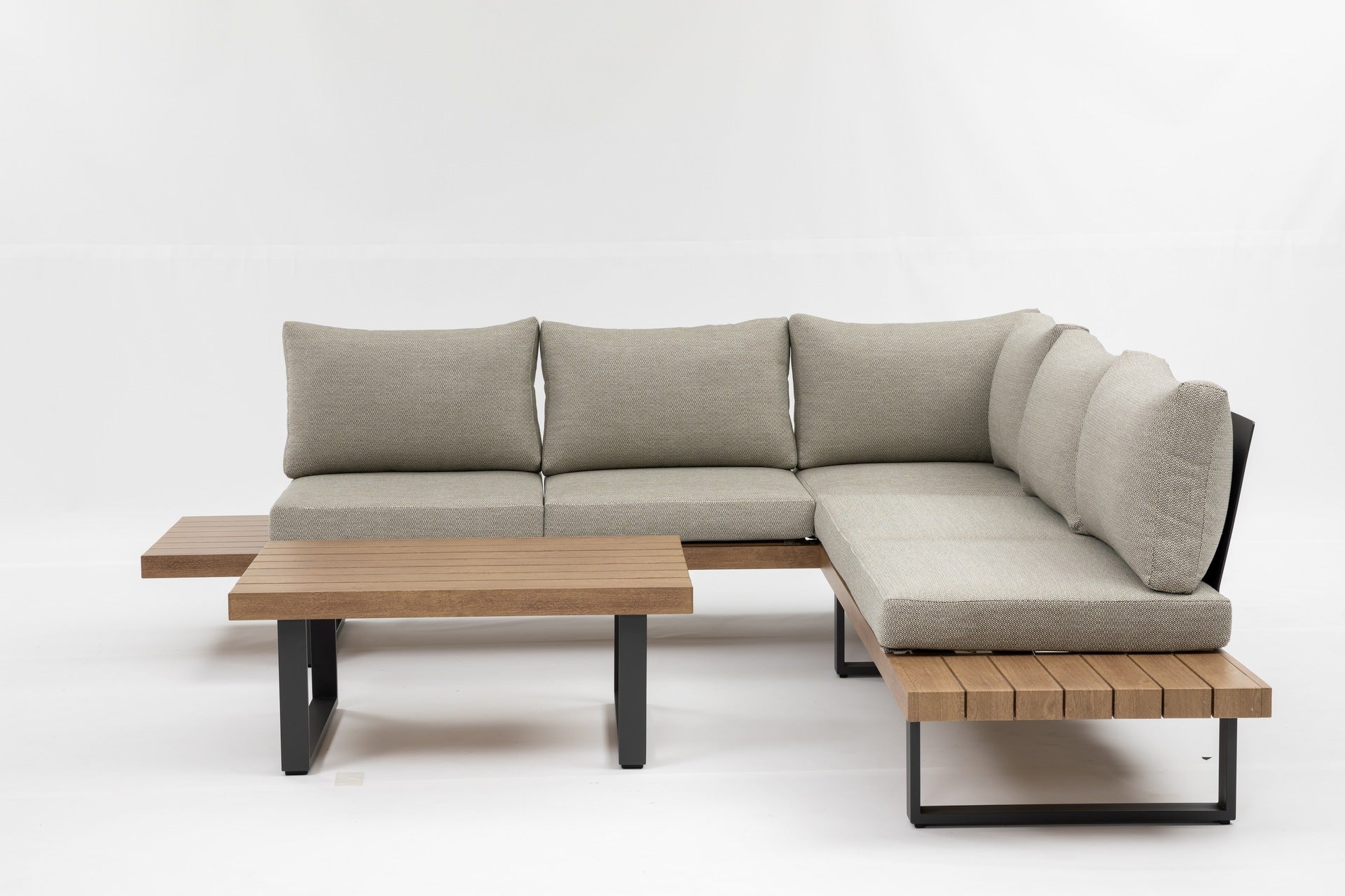 Loungegruppe Marleen mit anthrazitfarbenem Gestell & Oak-Finish – wetterfeste Gartenlounge mit klappbarer Liege & grauen Polstern