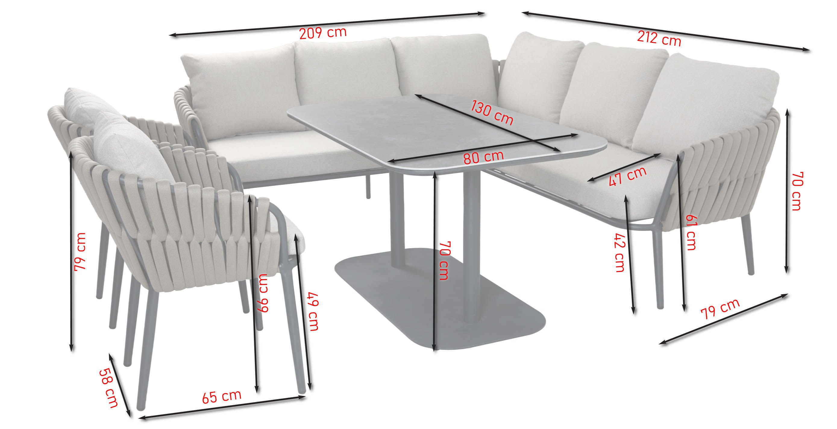 Nero Eckbankgruppe mit Sinterstone Tischplatte, taupefarbenen Textilschnüren und Aluminiumgestell – Gartenmöbelshop.at