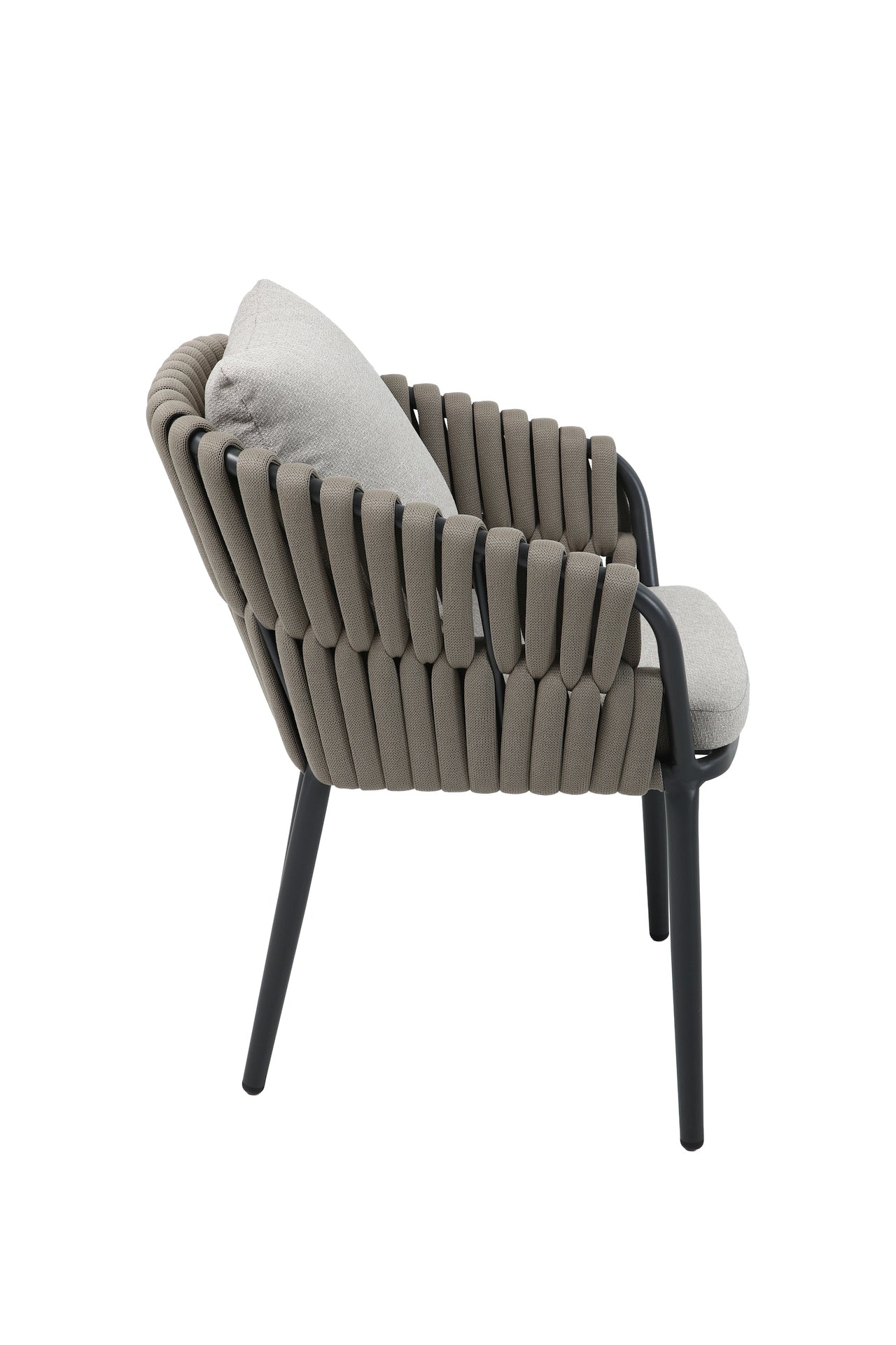 Nero Eckbankgruppe mit Sinterstone Tischplatte, taupefarbenen Textilschnüren und Aluminiumgestell – Gartenmöbelshop.at