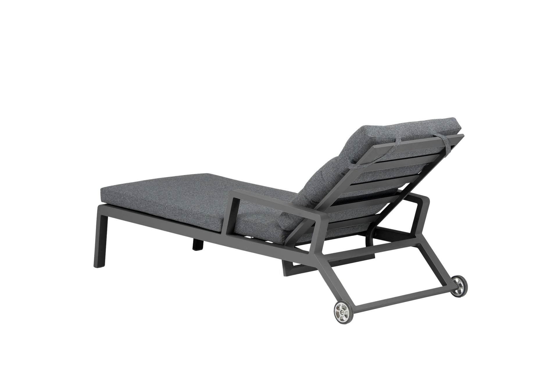 Sonnenliege Nicosia aus Aluminium in Anthrazit mit gepolsterter Auflage, Gasfeder-Rückenlehne und Rollen für den Außenbereich