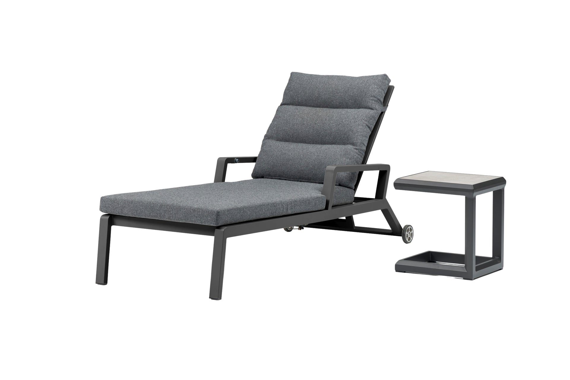 Sonnenliege Nicosia aus Aluminium in Anthrazit mit gepolsterter Auflage, Gasfeder-Rückenlehne und Rollen für den Außenbereich