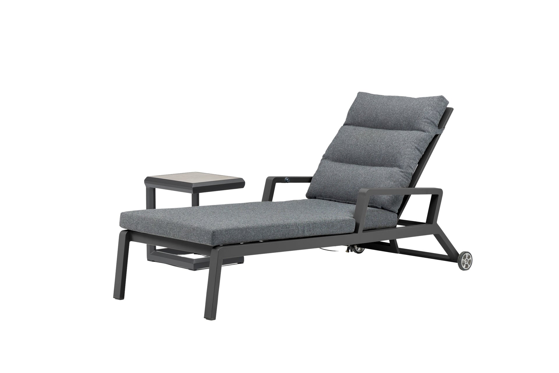 Sonnenliege Nicosia aus Aluminium in Anthrazit mit gepolsterter Auflage, Gasfeder-Rückenlehne und Rollen für den Außenbereich