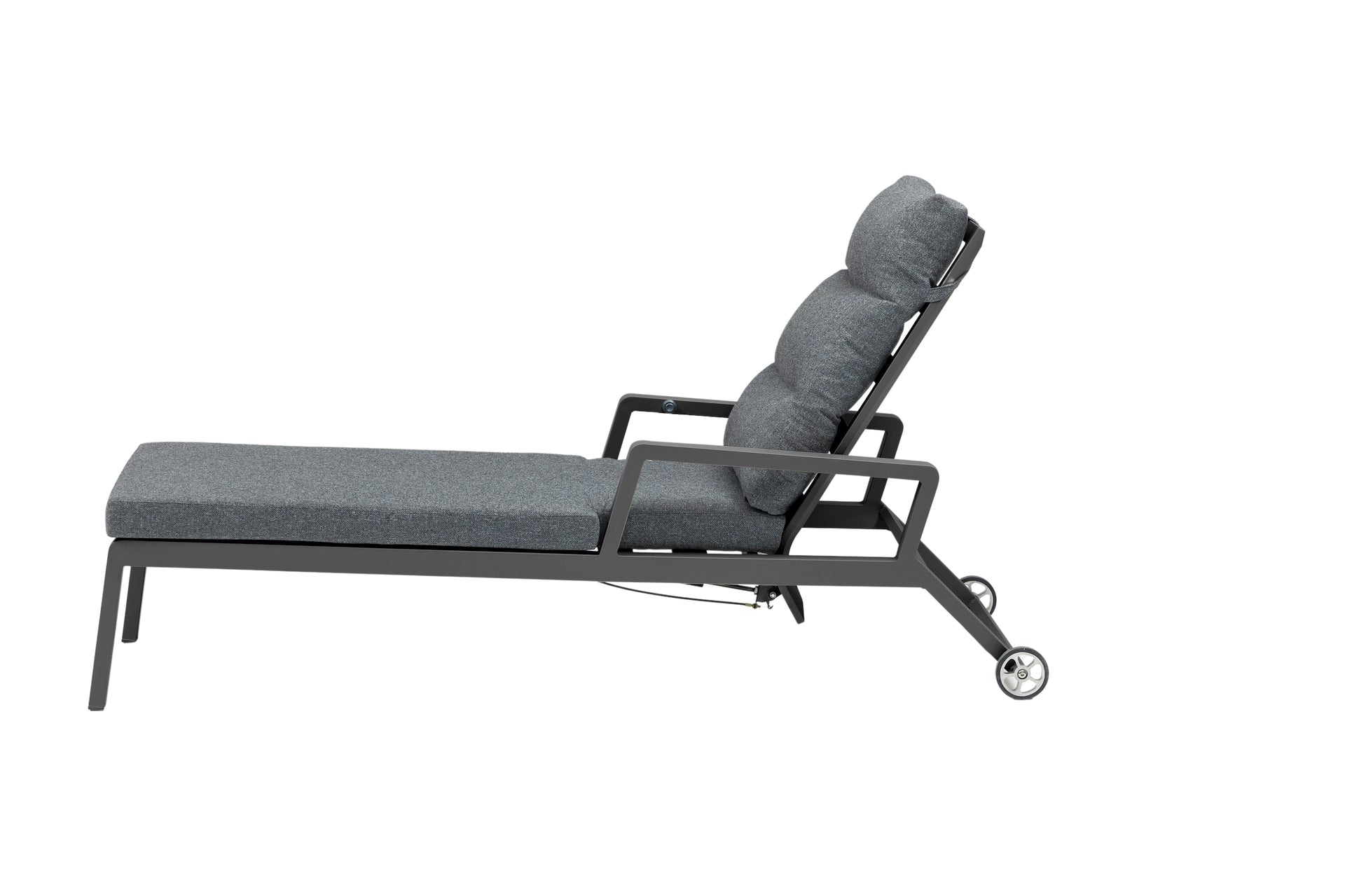 Sonnenliege Nicosia aus Aluminium in Anthrazit mit gepolsterter Auflage, Gasfeder-Rückenlehne und Rollen für den Außenbereich