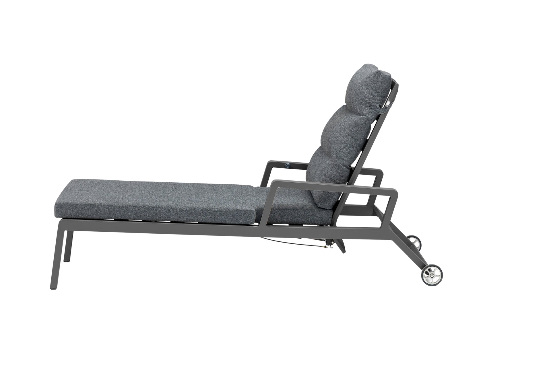 Sonnenliege Nicosia aus Aluminium in Anthrazit mit gepolsterter Auflage, Gasfeder-Rückenlehne und Rollen für den Außenbereich