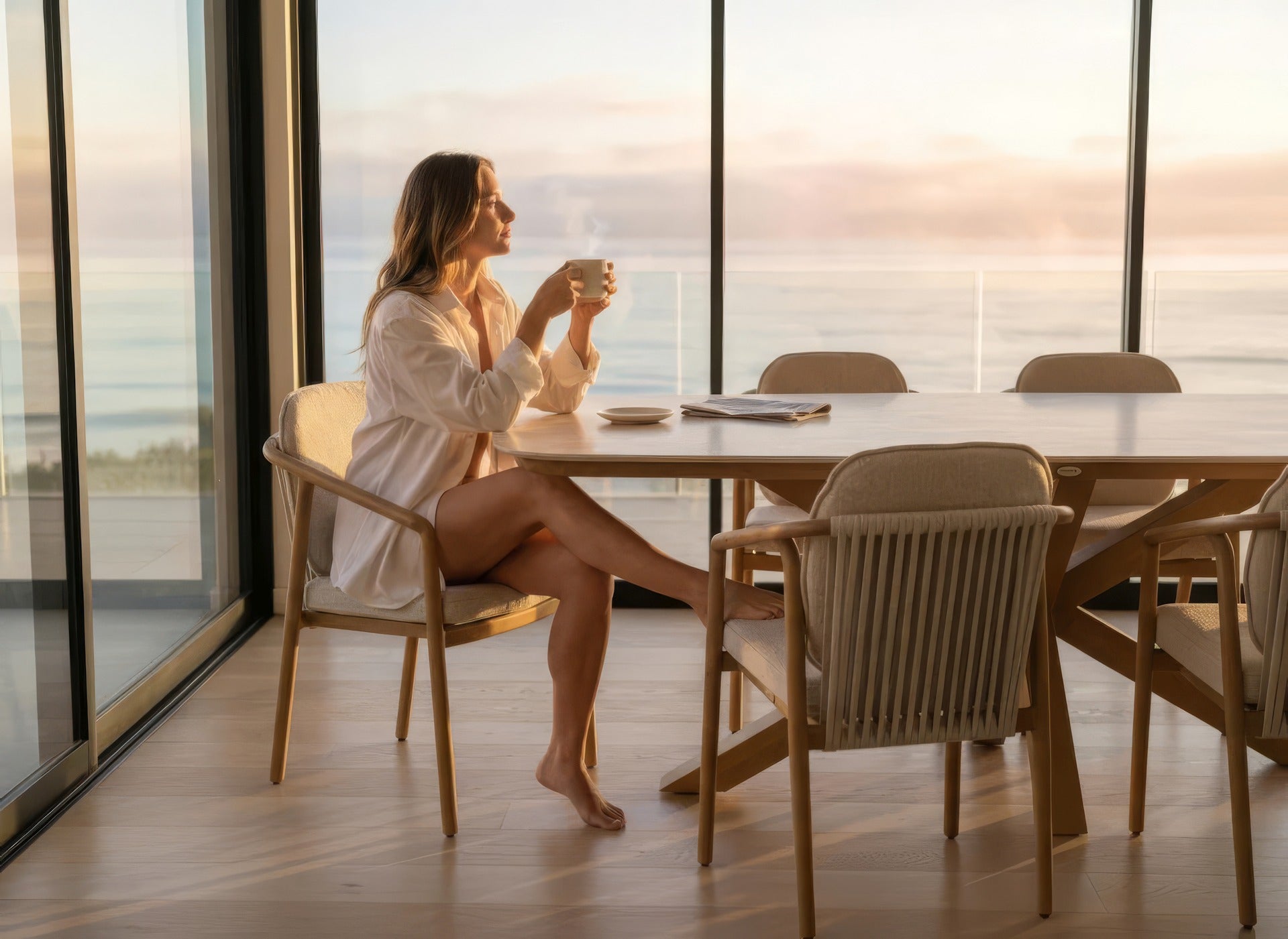 Olenna Gartentisch mit Aluminiumgestell in Holzdekor und Sinterstone Tischplatte in Ivory