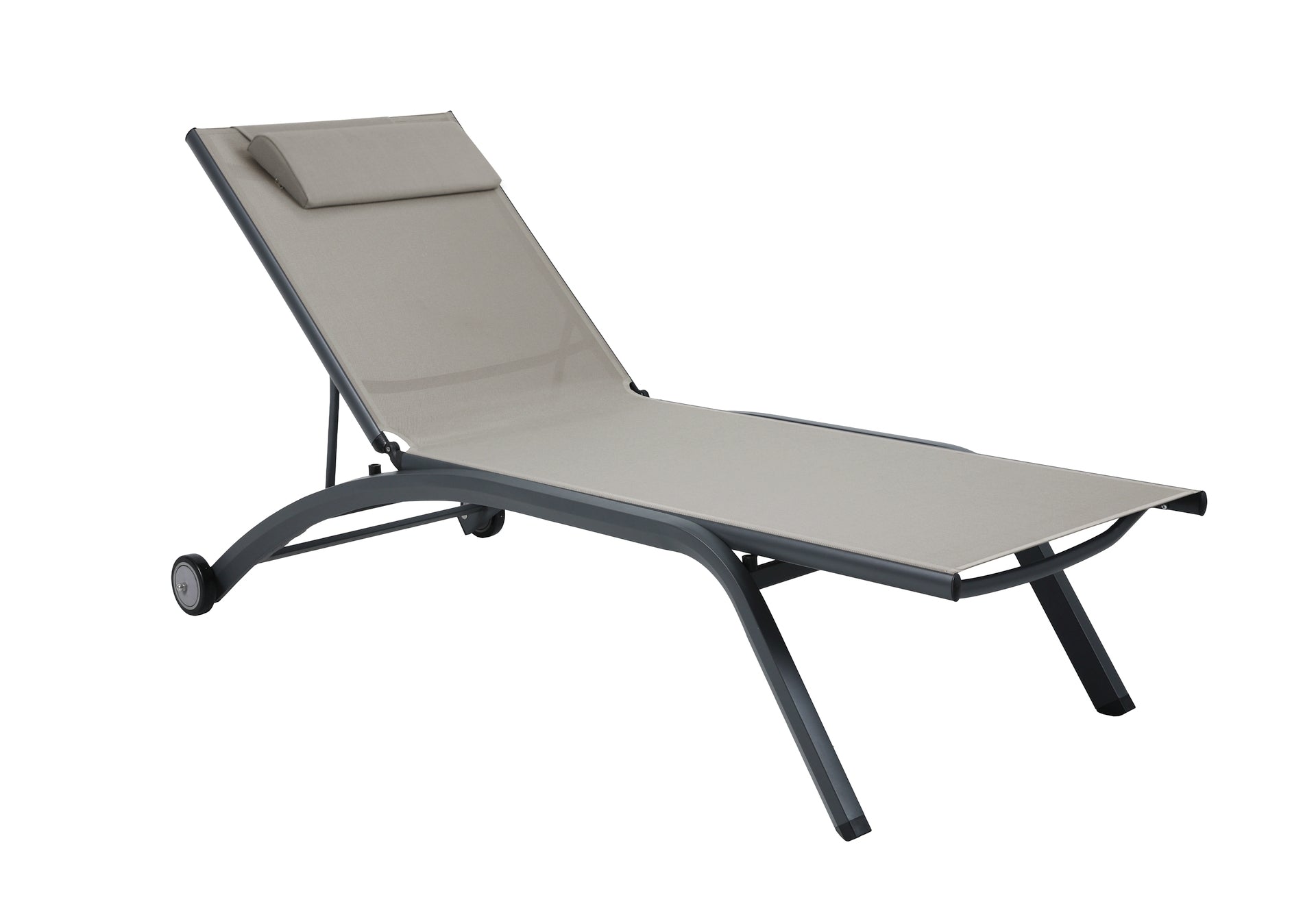 Sonnenliege Philina aus Aluminium in Anthrazit mit Textilen-Bespannung, verstellbarer Rückenlehne und Rollen für Garten und Poolbereich