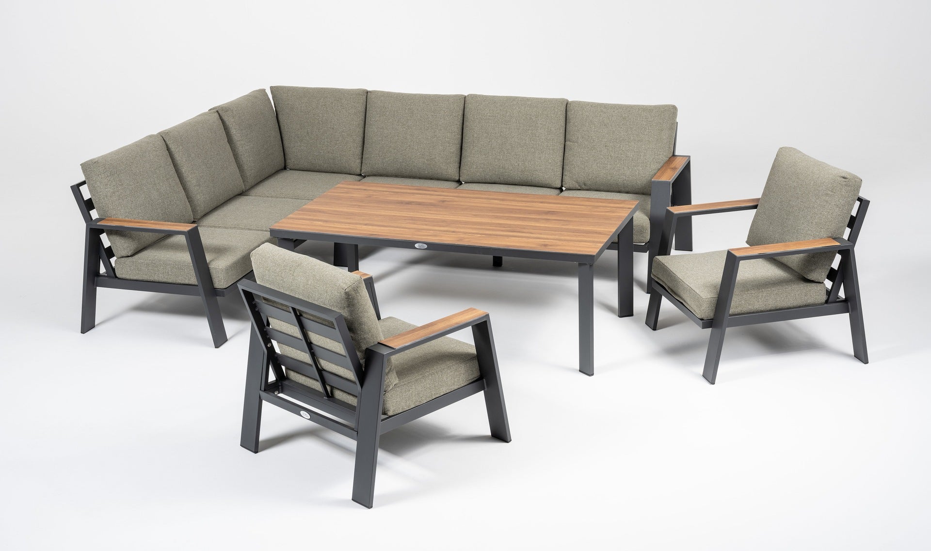 Pierre Eckbankgruppe aus Aluminium mit DPC-Tischplatte in Nussdekor und witterungsbeständigen Sitzkissen