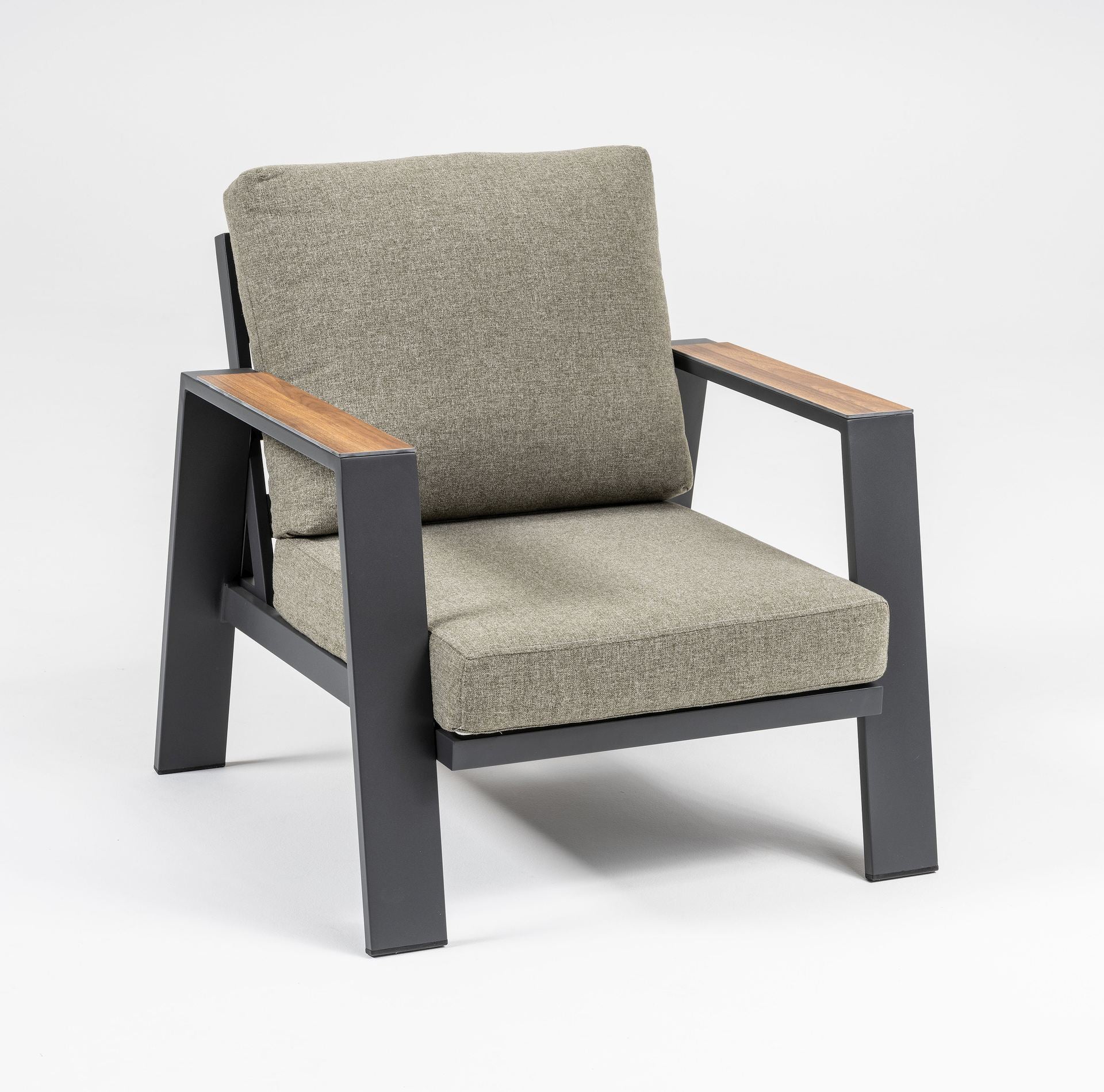 Pierre Eckbankgruppe aus Aluminium mit DPC-Tischplatte in Nussdekor und witterungsbeständigen Sitzkissen