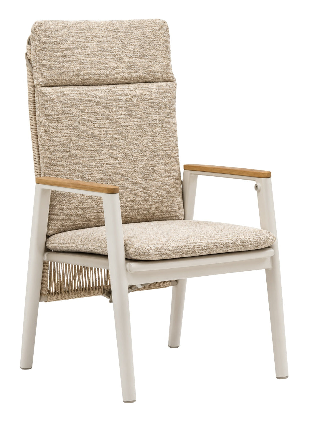 Robin Gartenstuhl-Hochlehner Creme, Teakholzauflagen und beige-braune Polster – Vorderansicht 2