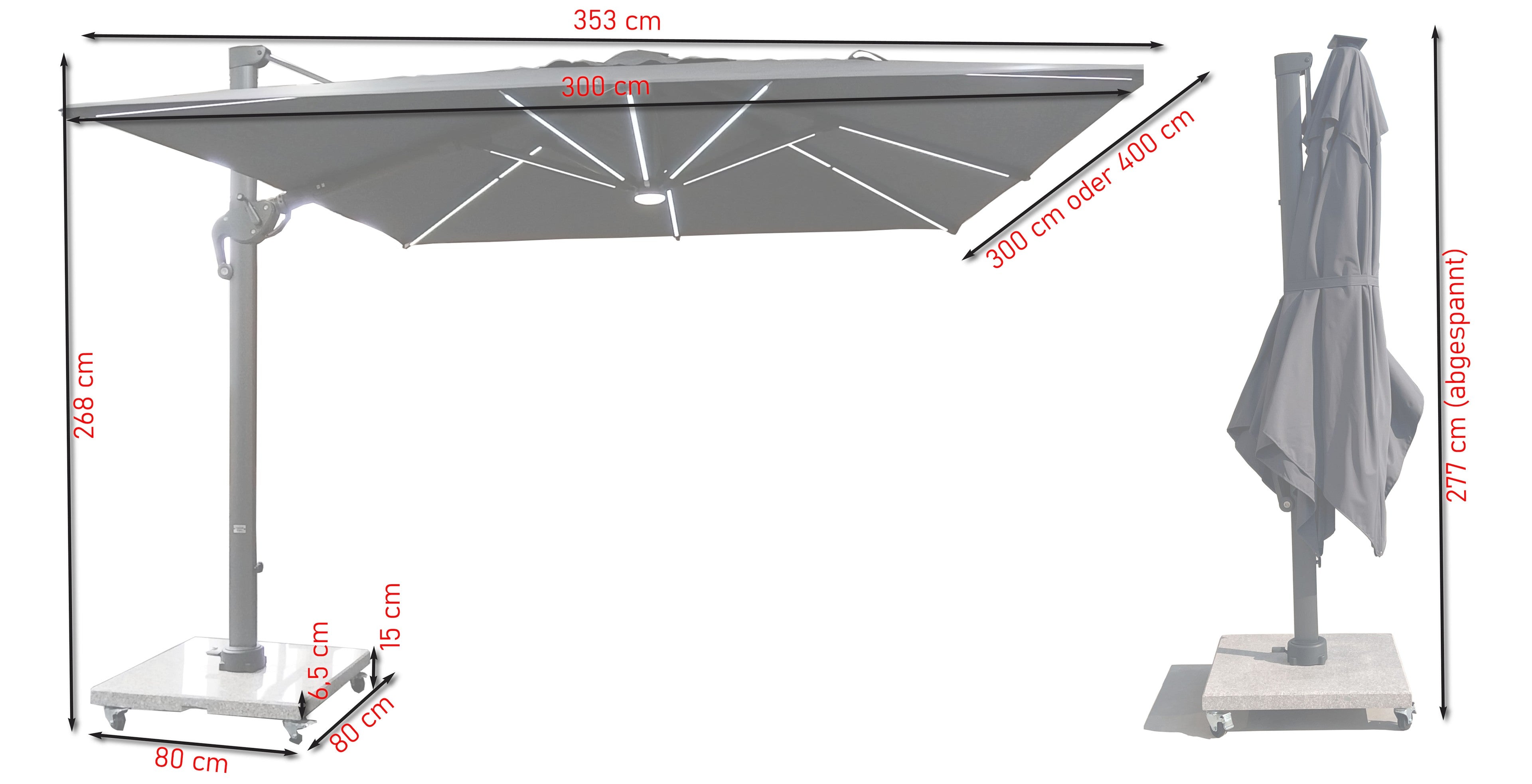 Ruffy Pendelschirm mit integrierter LED-Beleuchtung und verstellbarem Granitsockel, perfekt für jede moderne Outdoor-Gestaltung von Gartenmöbelshop.at