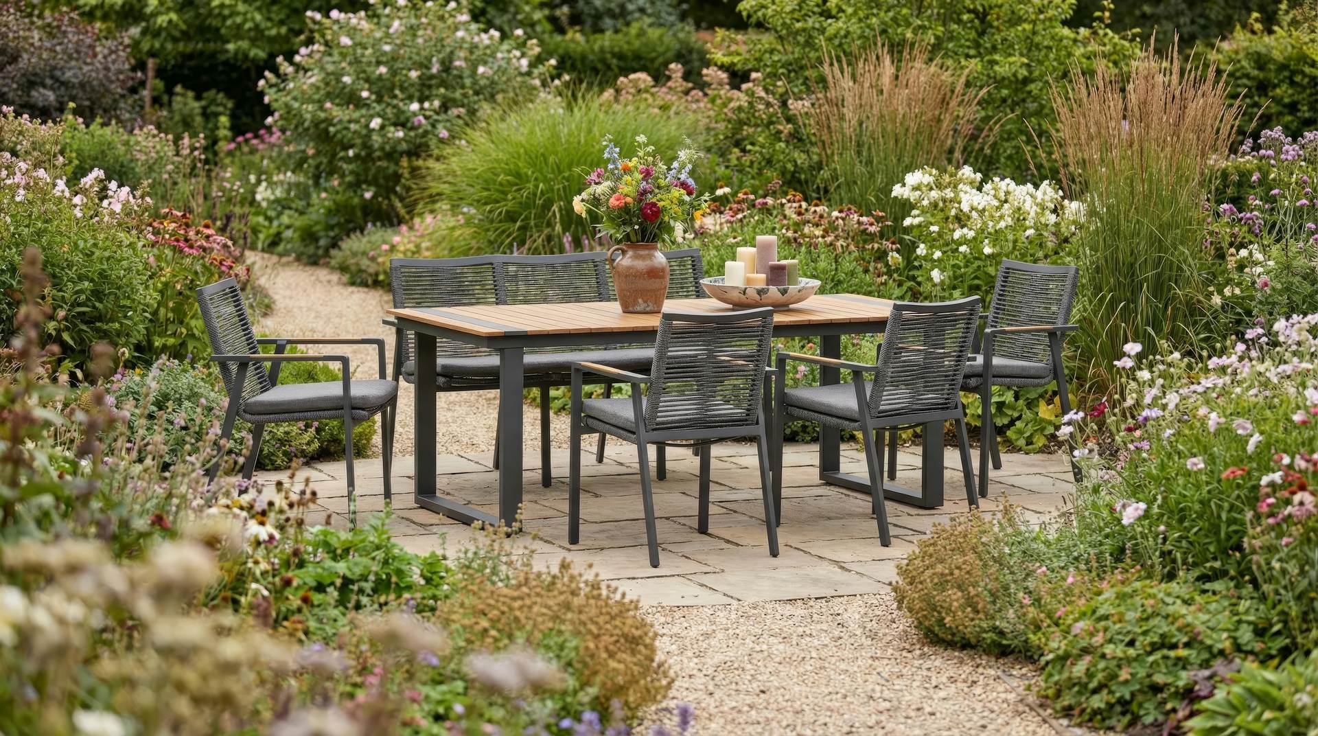 Sofagruppe Sasa mit 3er-Bank, 4 Armstühlen und Esstisch in Anthrazit mit Pinienholz-Tischplatte.