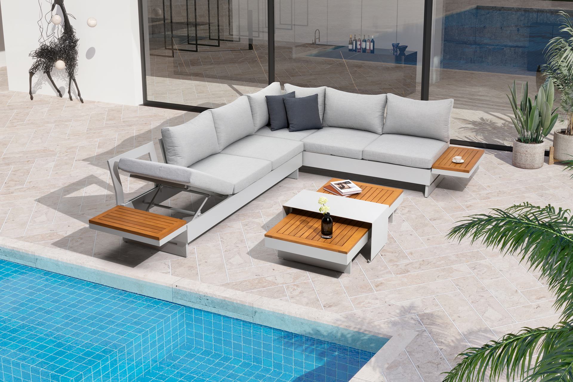 loungemöbel mit kissen aufbewahrung Seraphina Lounge – Moderne Gartenlounge in Hellgrau mit Akazienholz