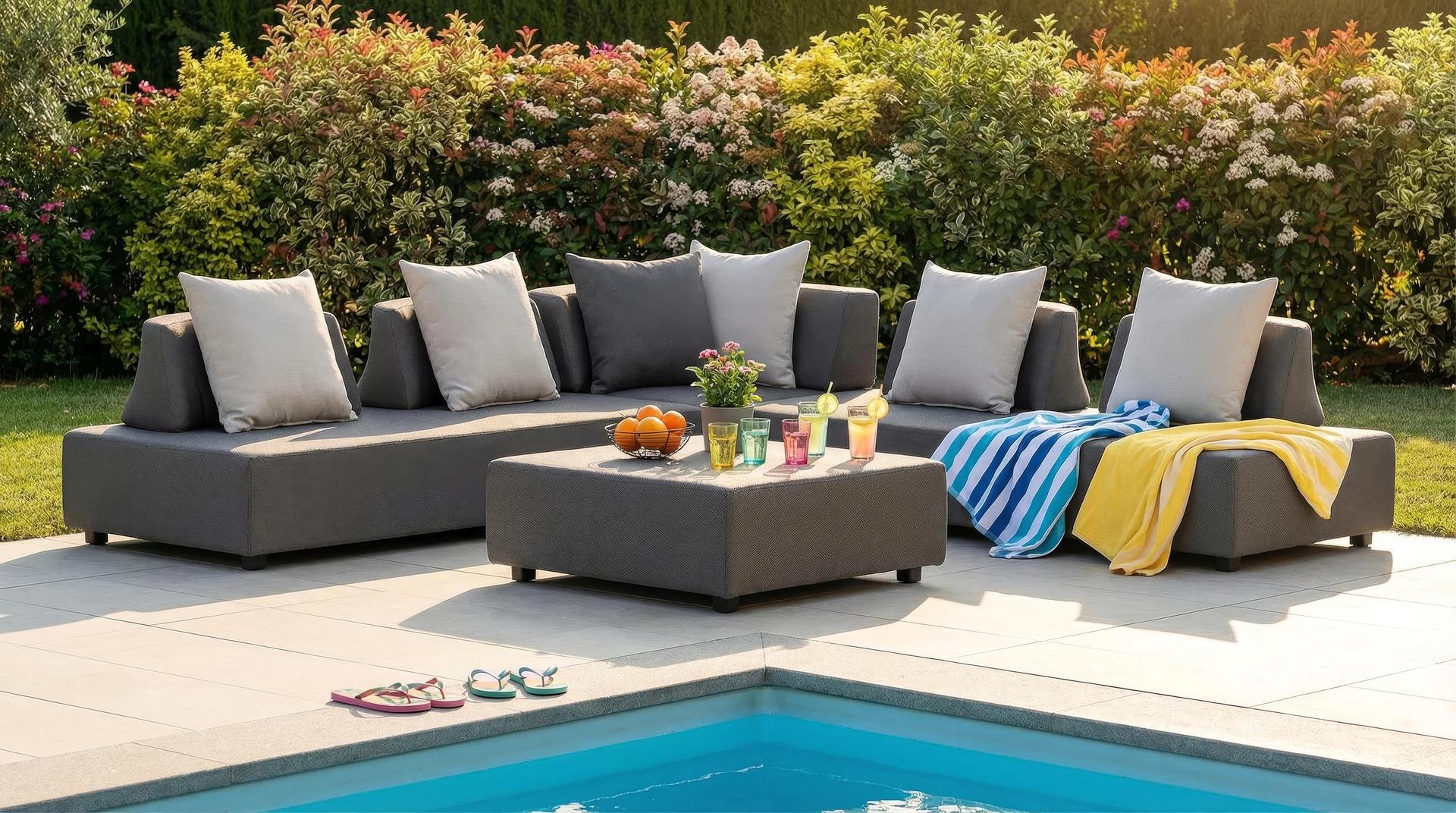 Die Stephan Loungegruppe: Individuell positionierbare Rückenlehnen, wasserabweisende Bezüge und multifunktionaler Hocker mit Metall-Tablett. Perfekt für Garten & Terrasse!