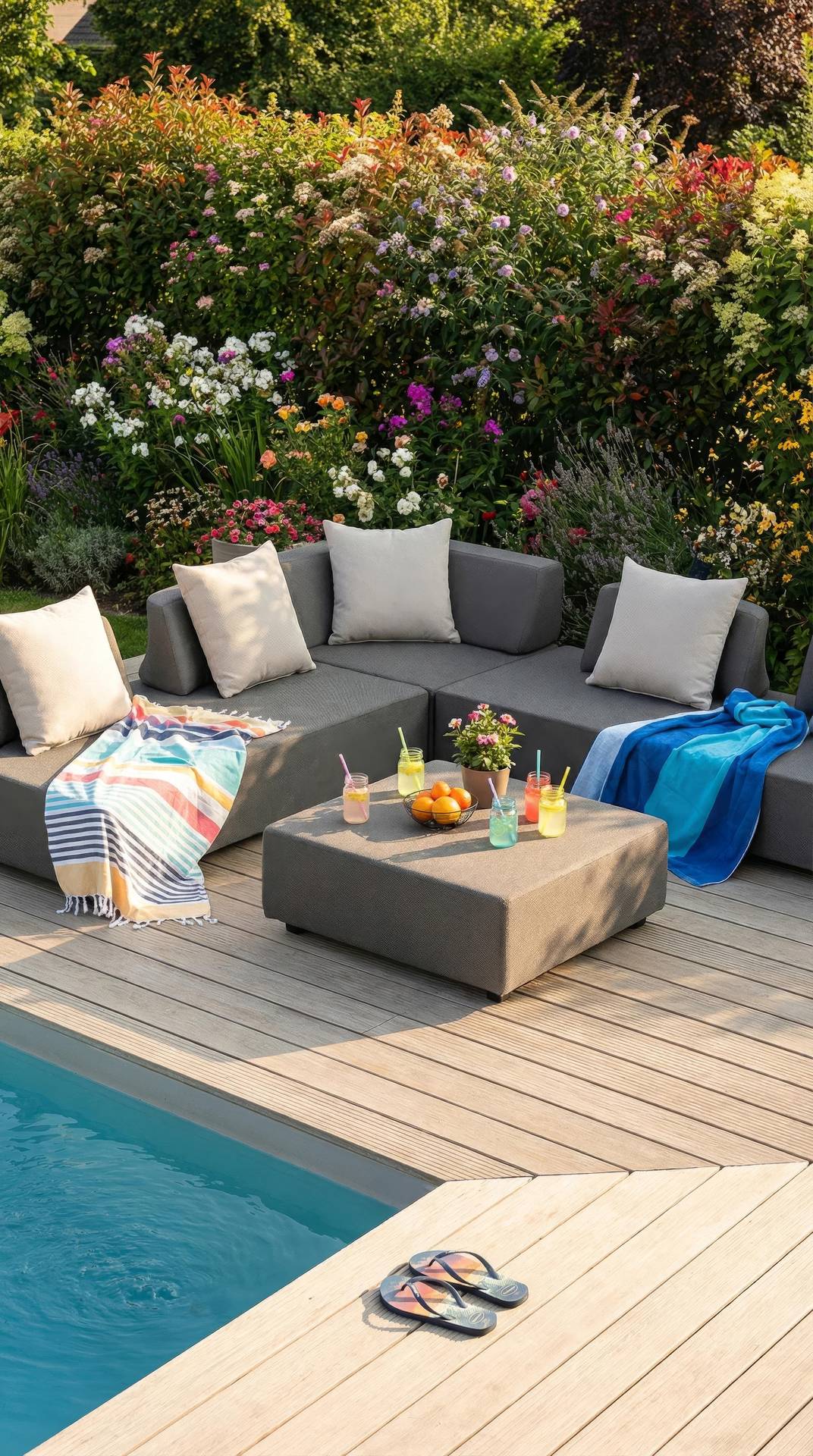 Die Stephan Loungegruppe: Individuell positionierbare Rückenlehnen, wasserabweisende Bezüge und multifunktionaler Hocker mit Metall-Tablett. Perfekt für Garten & Terrasse!