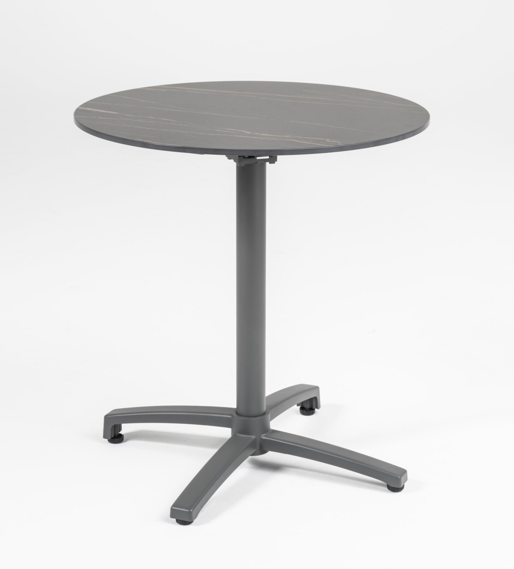 Robuster, klappbarer Gartentisch Thilo mit wetterfester Sinterstone-Tischplatte in edler Marmoroptik, erhältlich in Schwarz und Weiß, ideal für Outdoor-Gestaltung und platzsparende Lagerung.