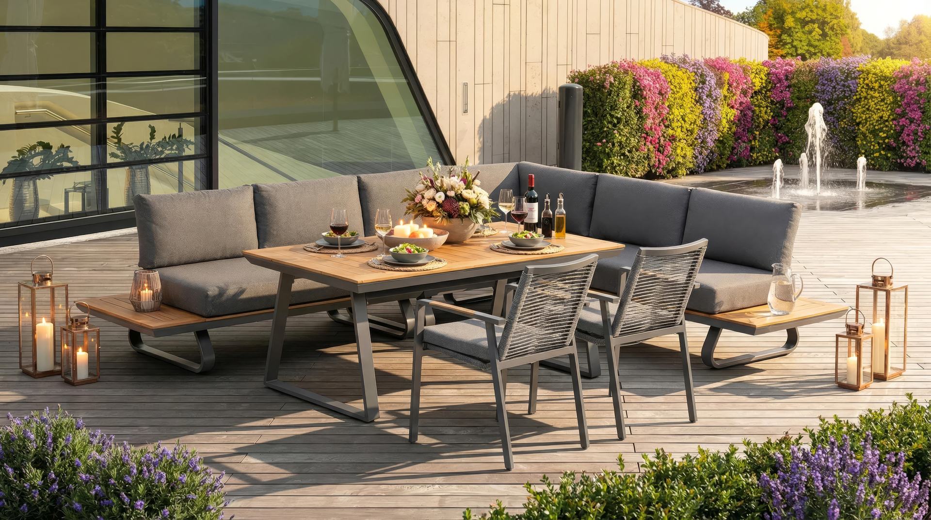 Eckbankgruppe Wayne mit Aluminiumgestell, Pinienholzdetails und grauen Textilkissen, bestehend aus Eckbank, Esstisch und Armstühlen.