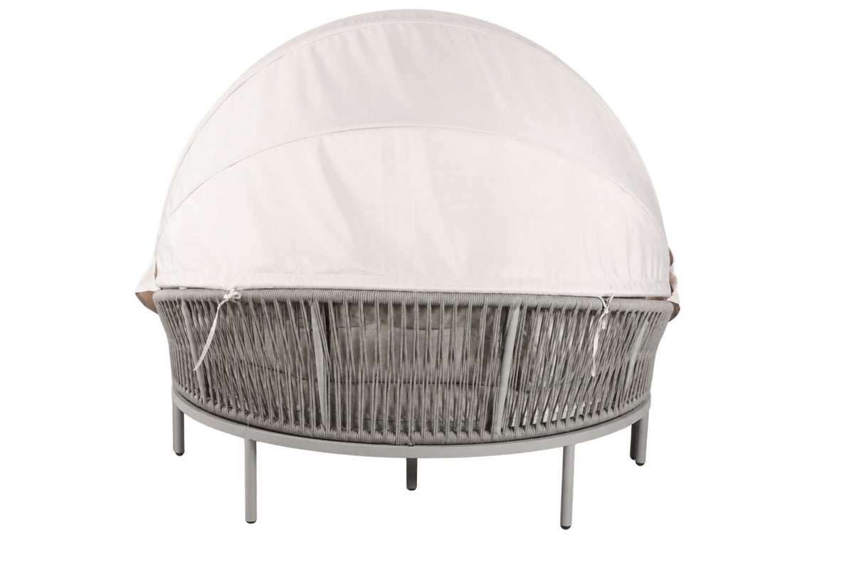 Becky Daybed Deluxe in der Rückansicht mit Faltdach und Greige-Schnurbespannung