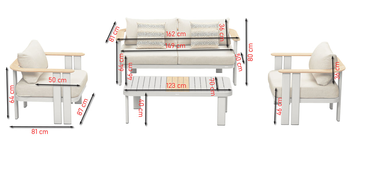 Clarissa Gartenlounge Standard – Maßzeichnung von Zweiersofa, Fauteuils und Couchtisch