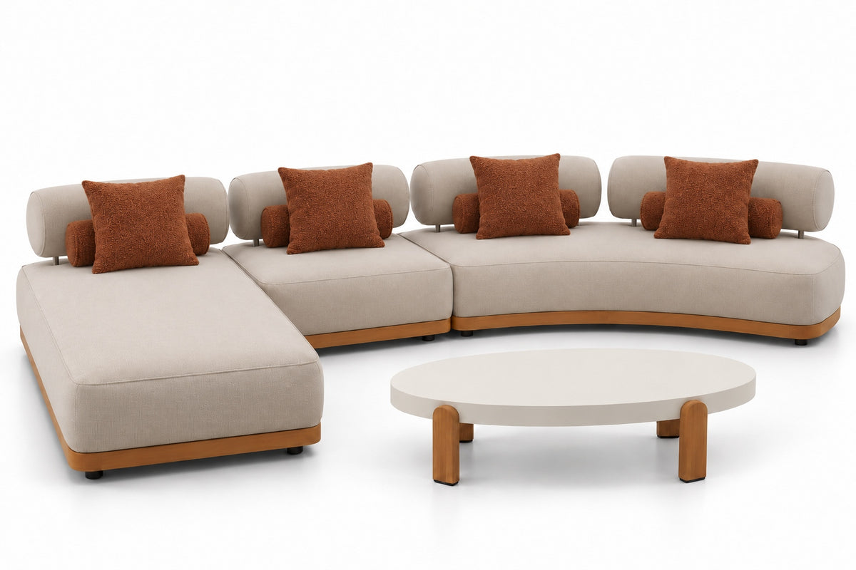 Maxine XL Gartenlounge mit Chaiselongue, Mittelelement, gebogenem Zweisitzer und weißem Couchtisch